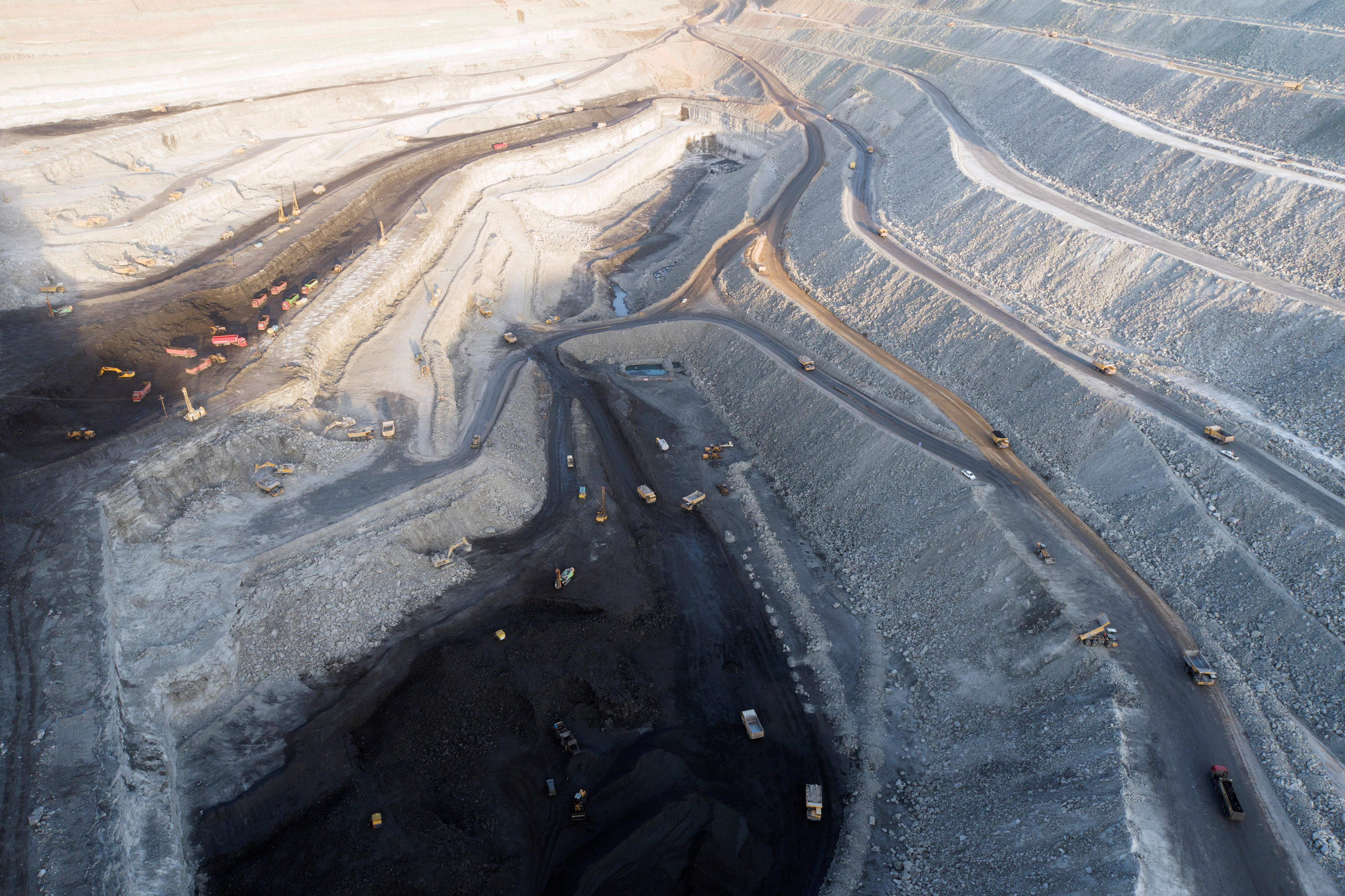 Aerial view shows machinery working in an open-pit coal mine in Ejin Horo Banner