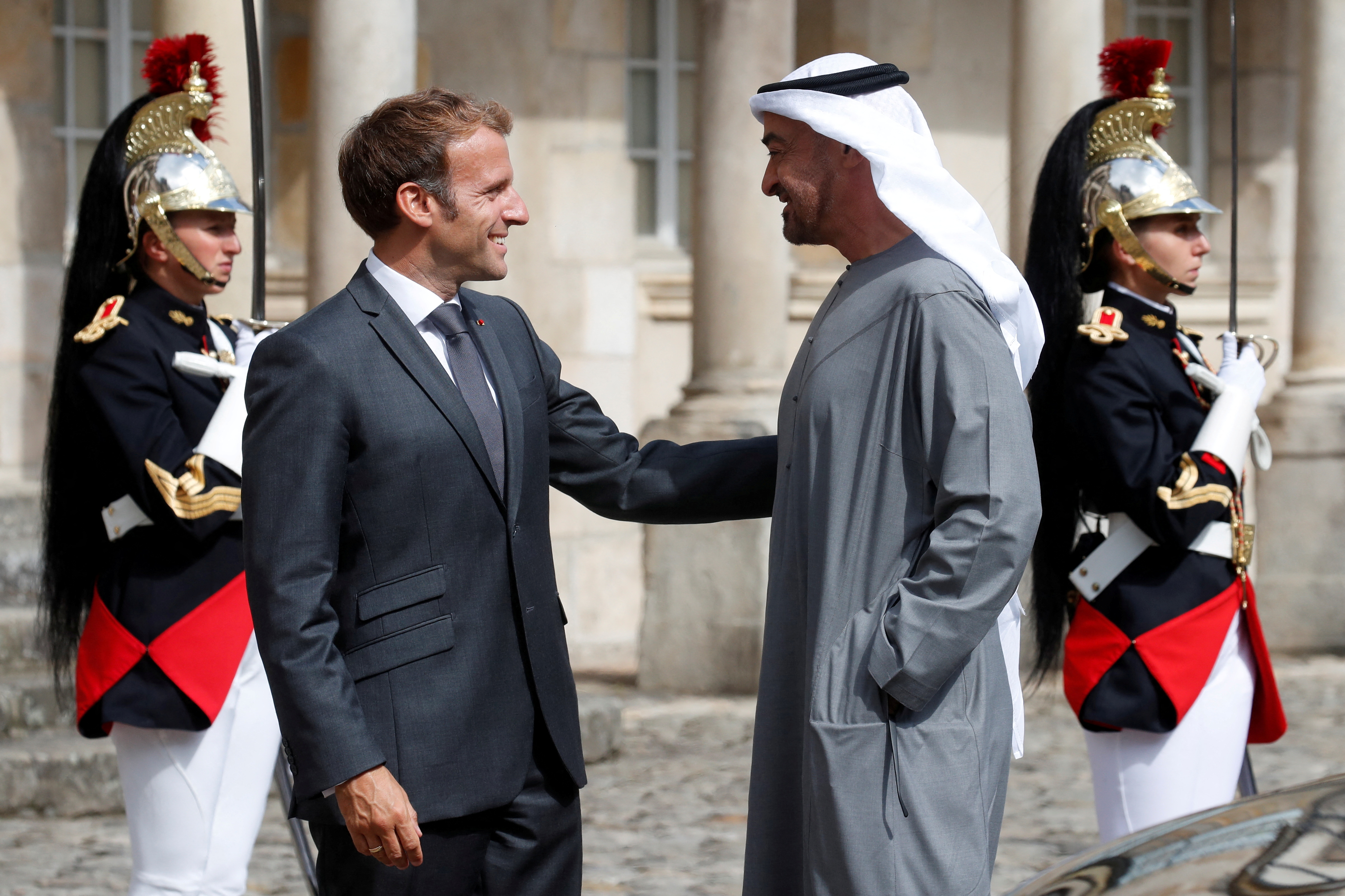French President Emmanuel Macron meets Abu Dhabi's Crown Prince Sheikh Mohammed bin Zayed al-Nahyan in Fontainebleau