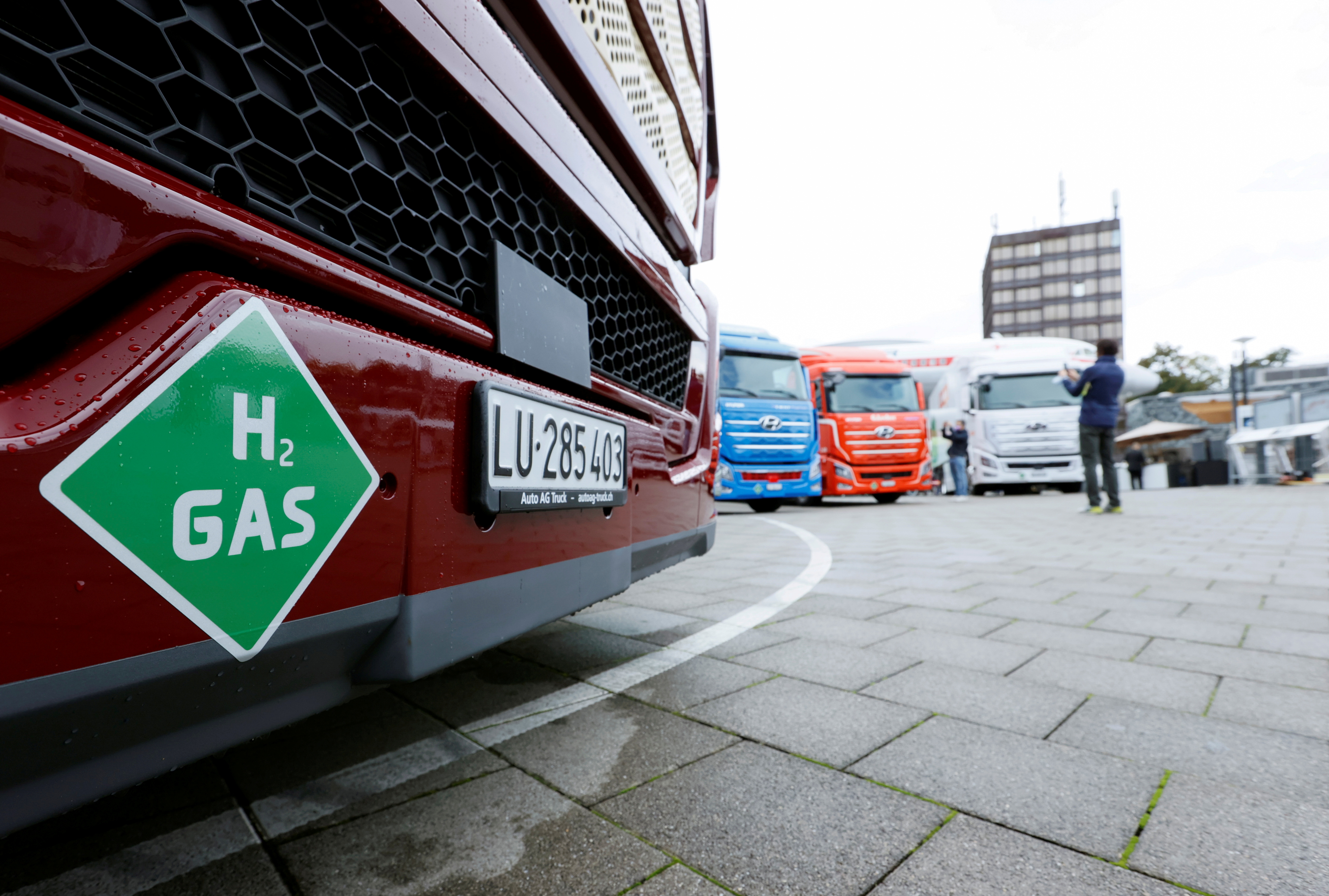 New hydrogen fuel cell truck made by Hyundai is displayed in Luzern