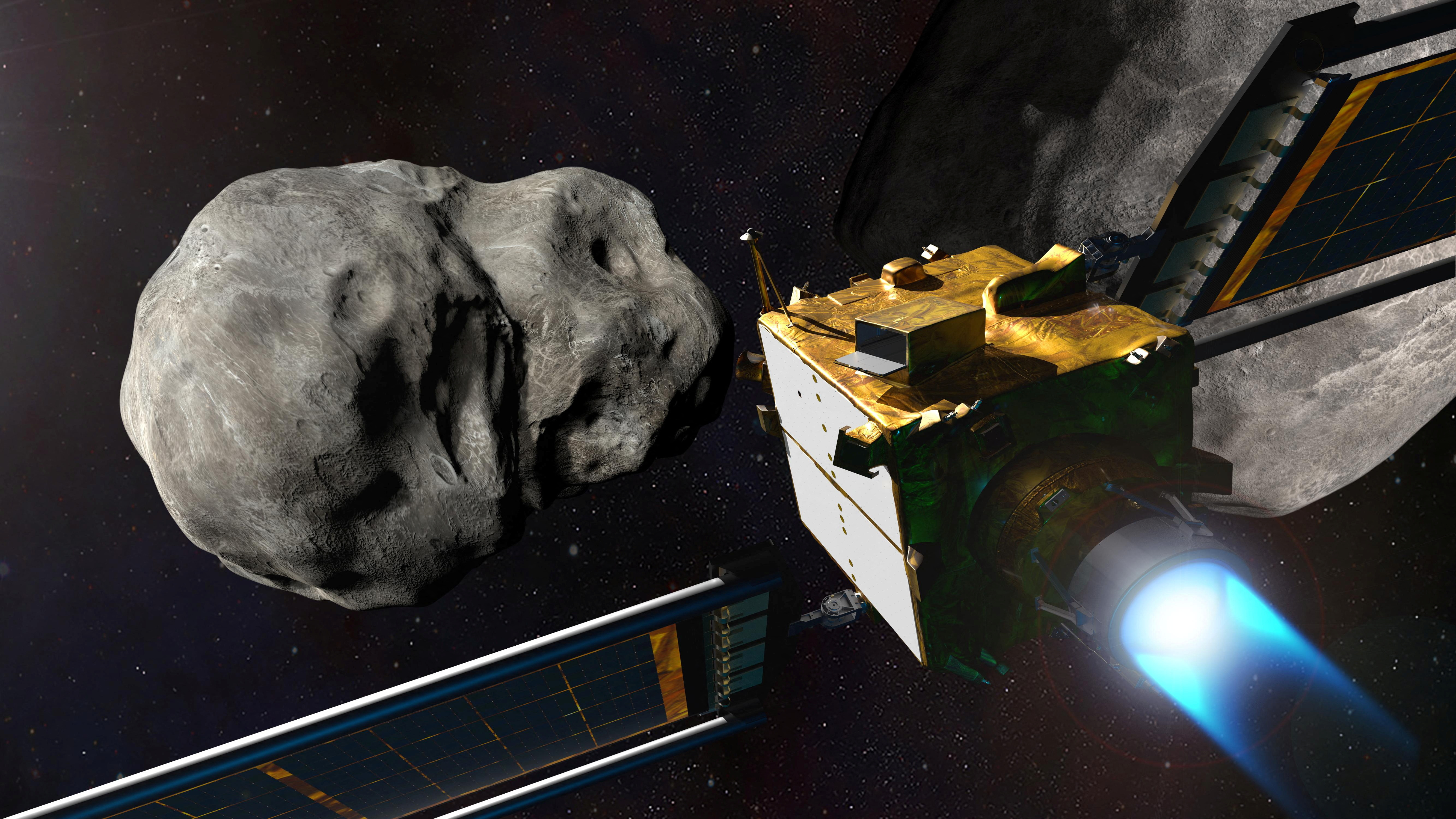 Illustration of NASA's DART spacecraft before impact on the binary Didymos asteroid system