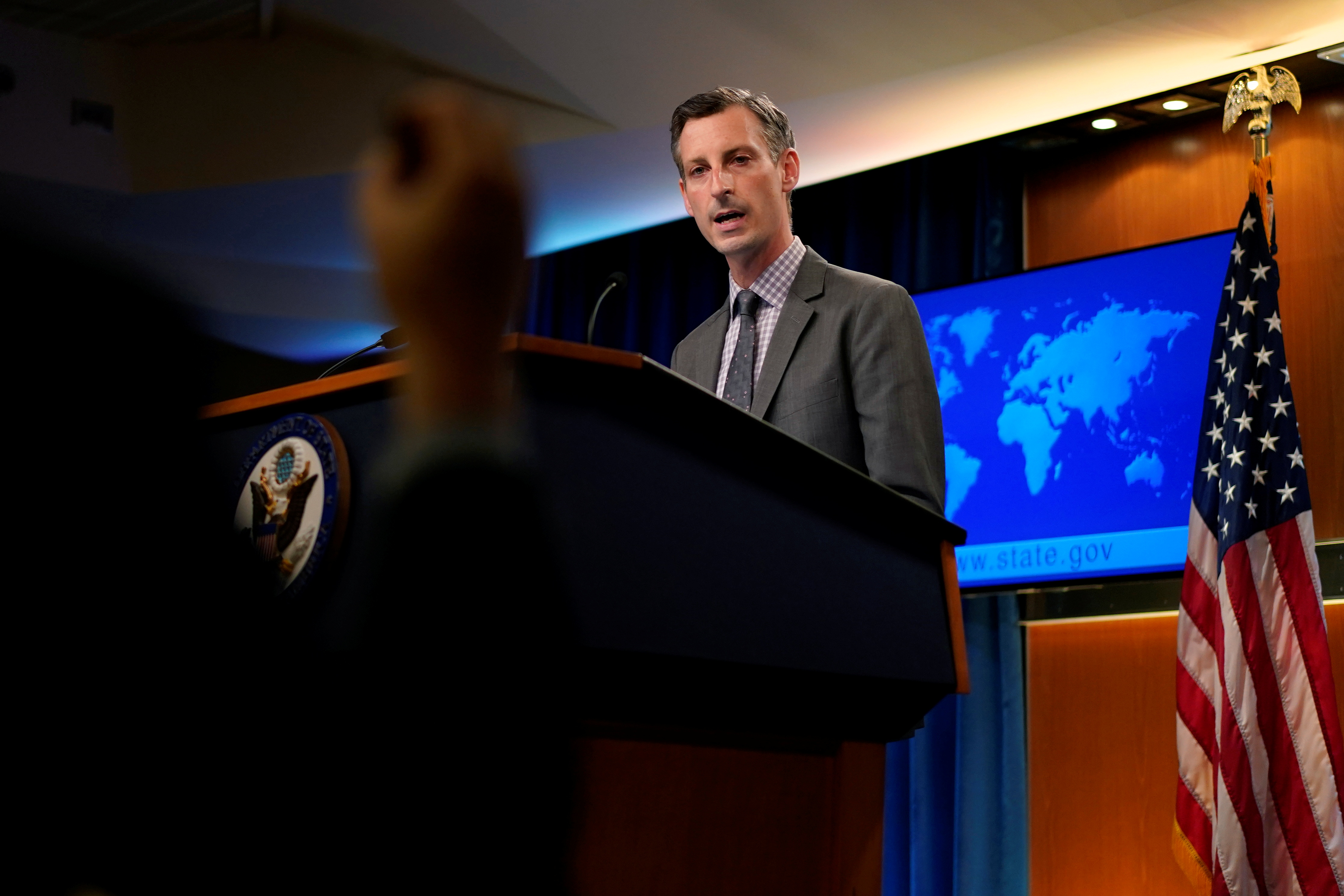 U.S. State Department spokesman Ned Price speaks at the State Department in Washington