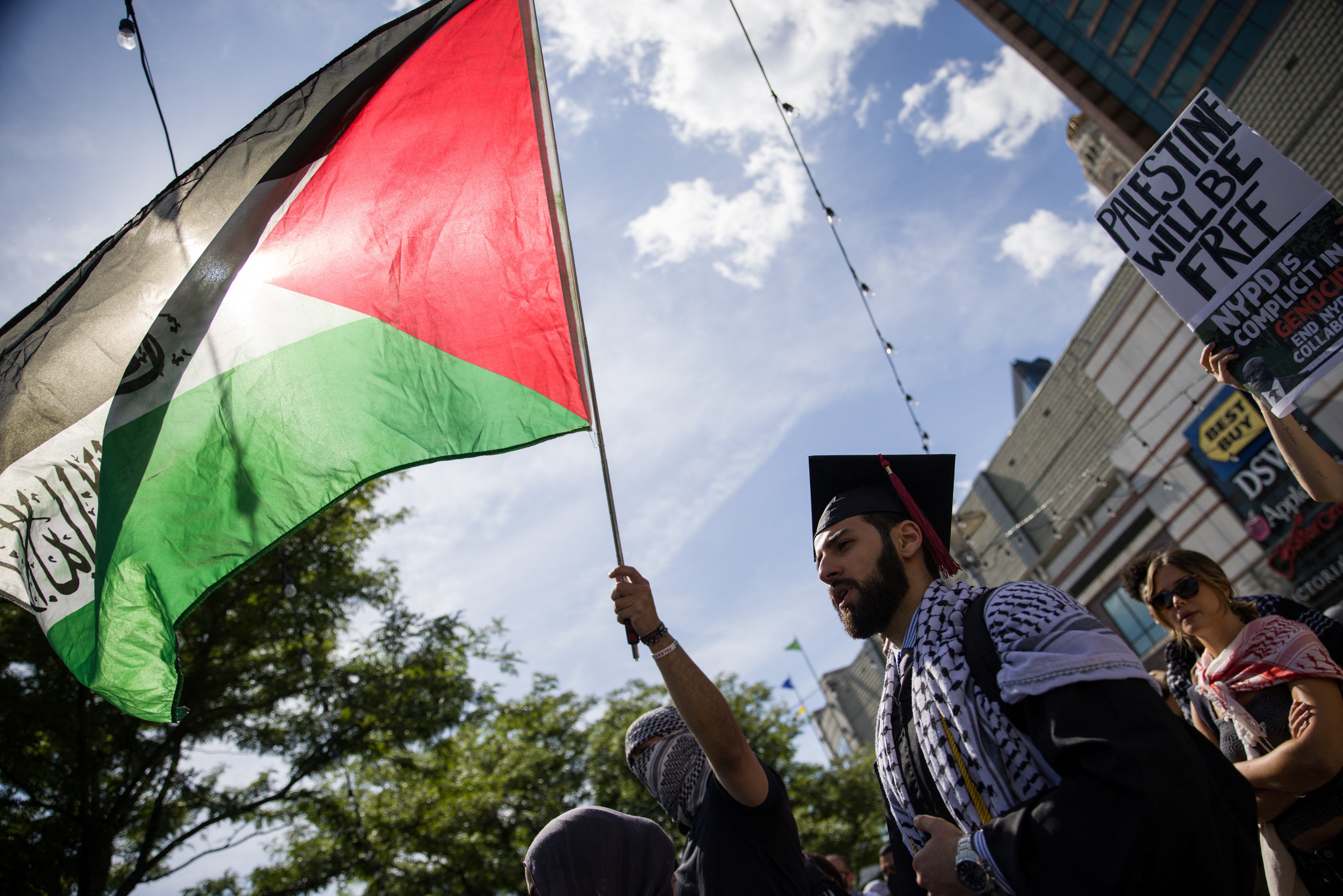 Pro-Palestinian protestors hold a rally in Brooklyn, New York