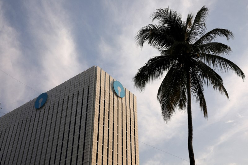 The logo of SBI is seen on the facade of its headquarters in Mumbai