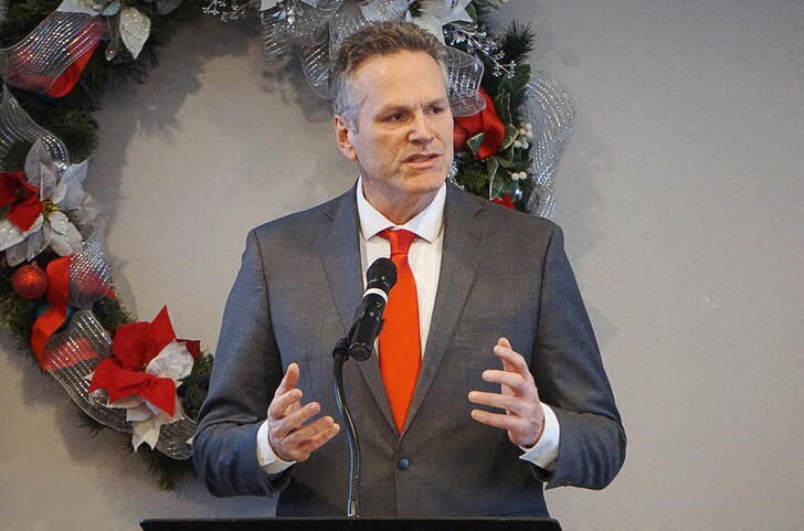 Alaska Governor Mike Dunleavy speaks at the Petroleum Club in Anchorage