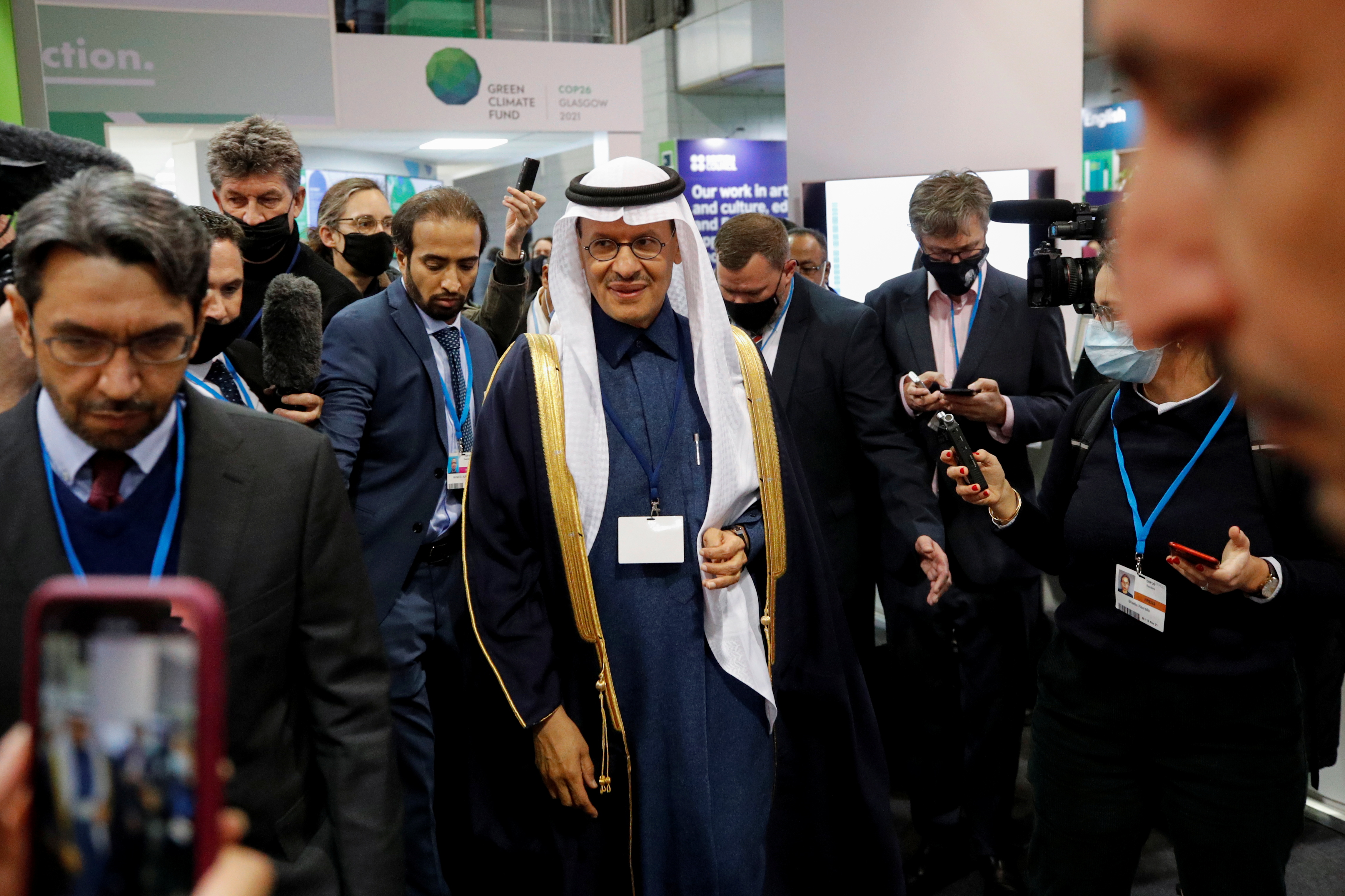 Saudi Energy Minister, Prince Abdulaziz bin Salman bin Abdulaziz Al Saud is surrounded by media during the UN Climate Change Conference (COP26) in Glasgow, Scotland, Britain, November 10, 2021. REUTERS/Phil Noble