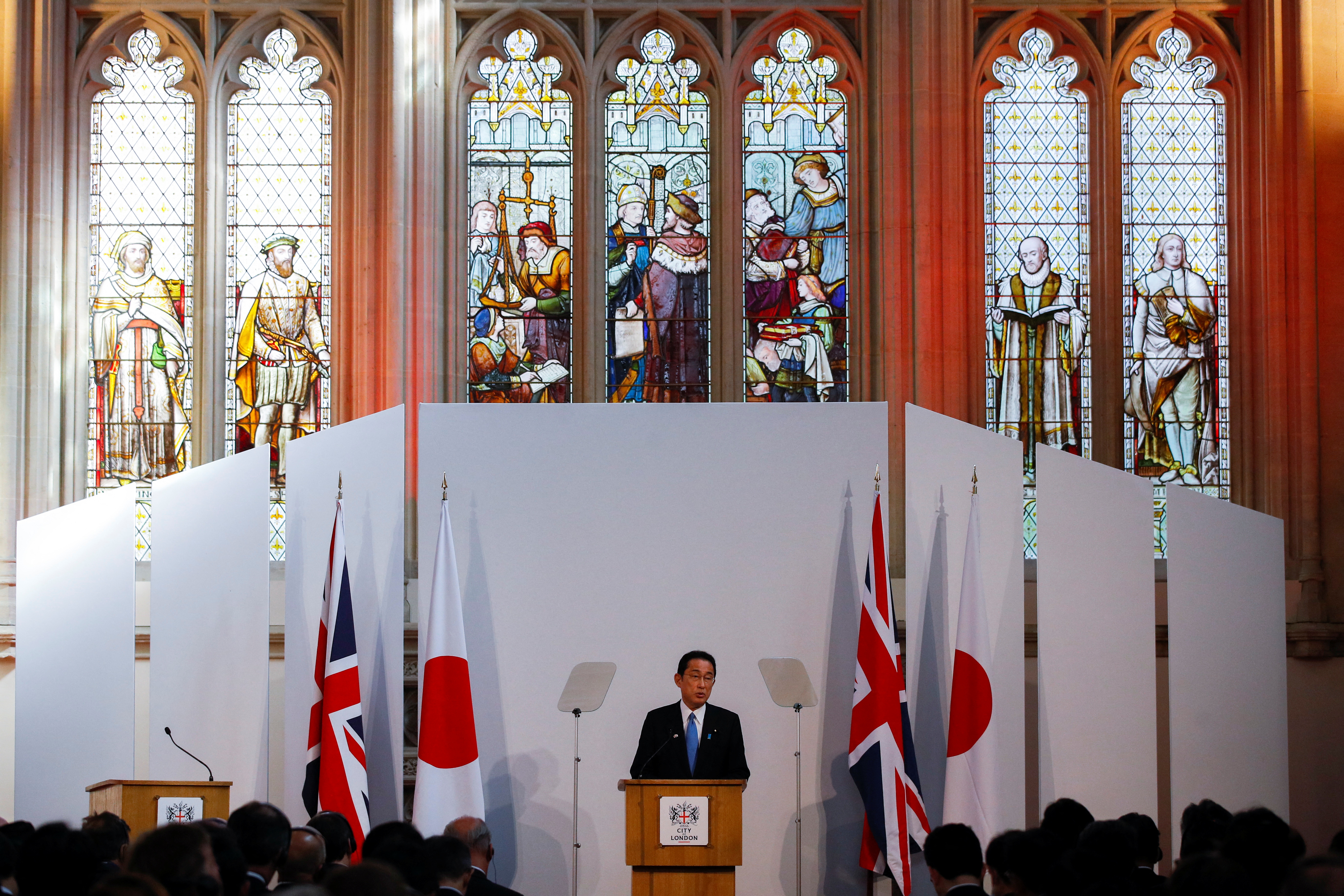 Japanese PM Kishida delivers a speech at the Guildhall in London