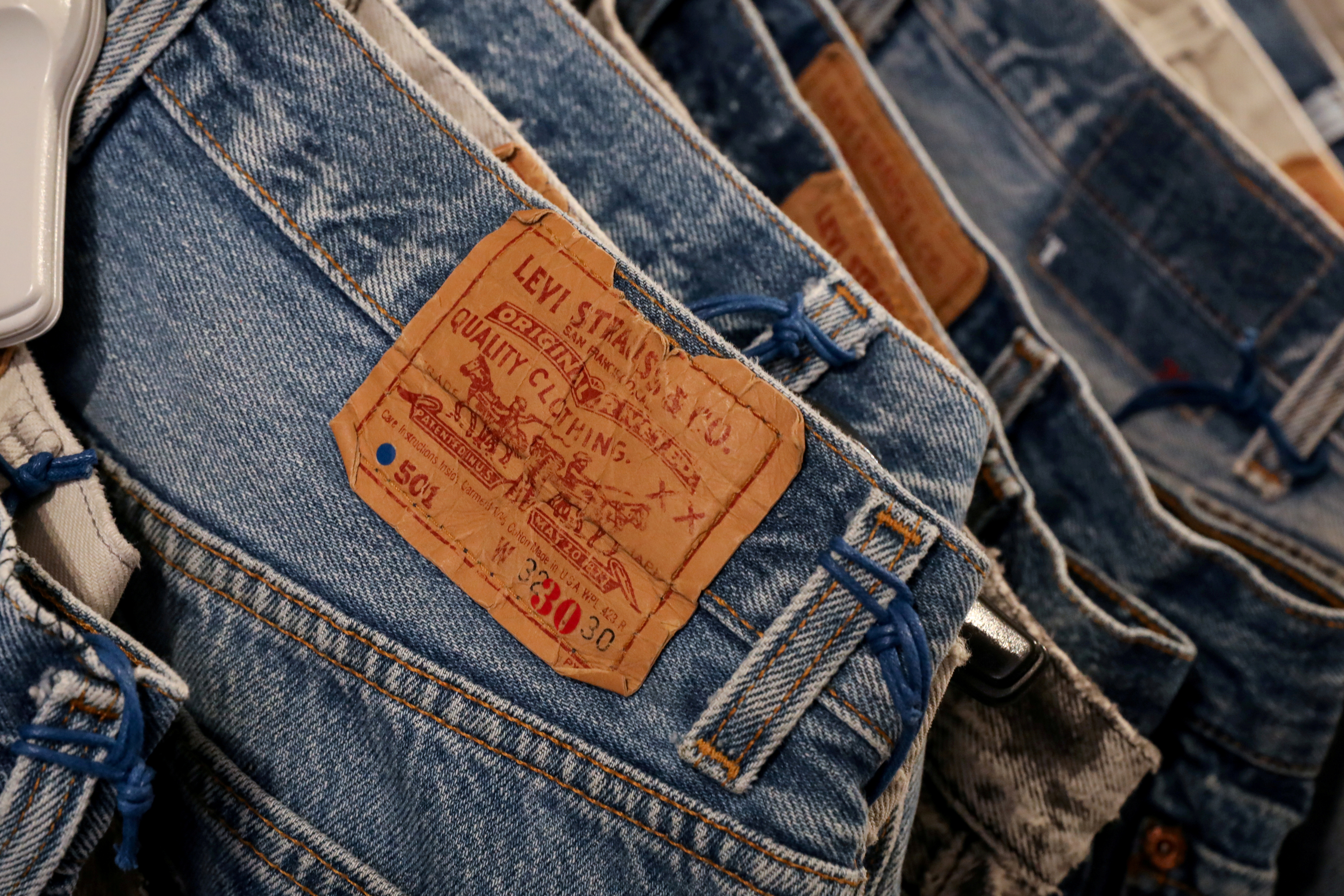 The Levi's tag is seen on pants hanging in a Levi Strauss store in New York