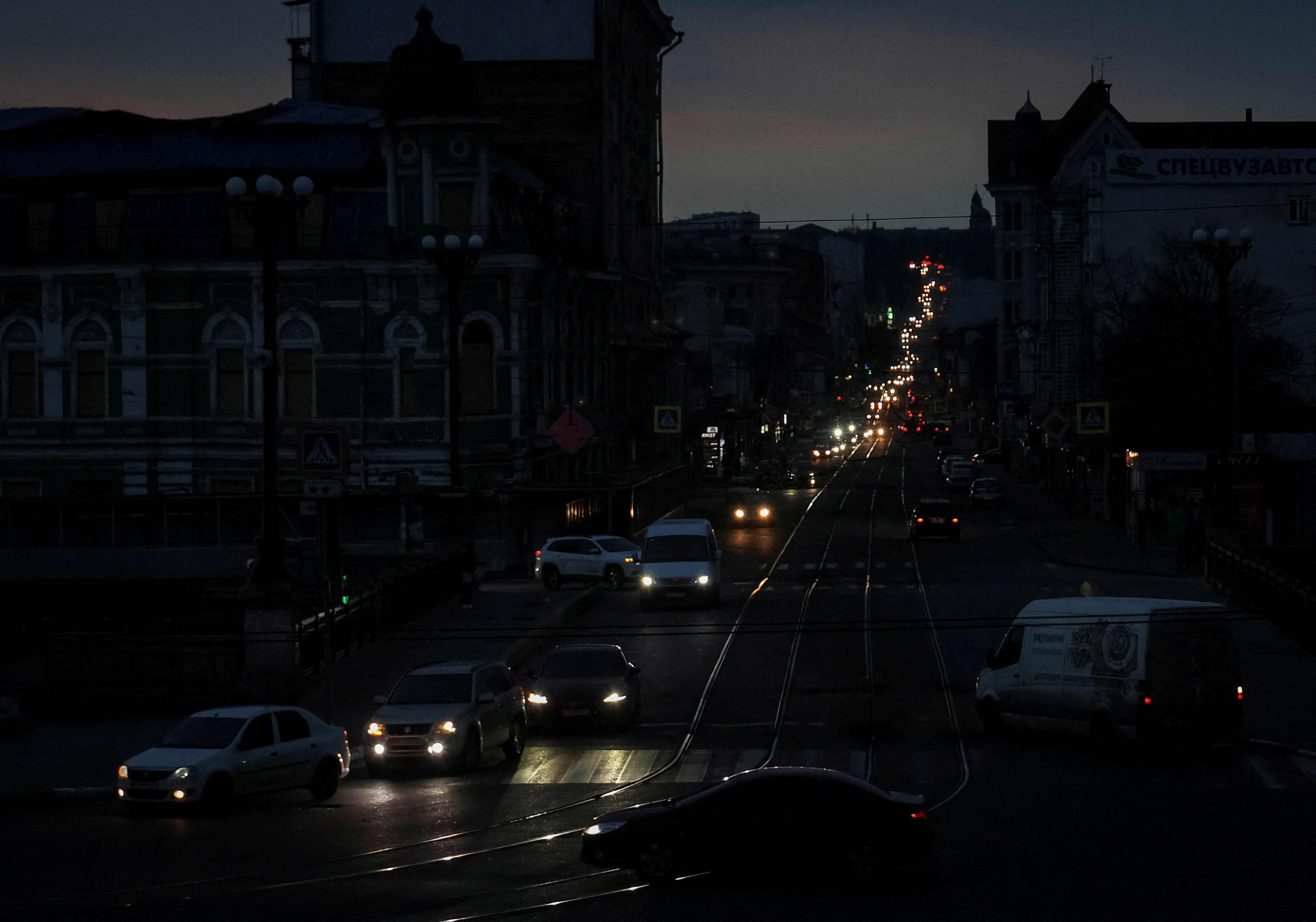 A view shows the city without electricity after critical civil infrastructure was hit by Russian missile attacks in Kharkiv