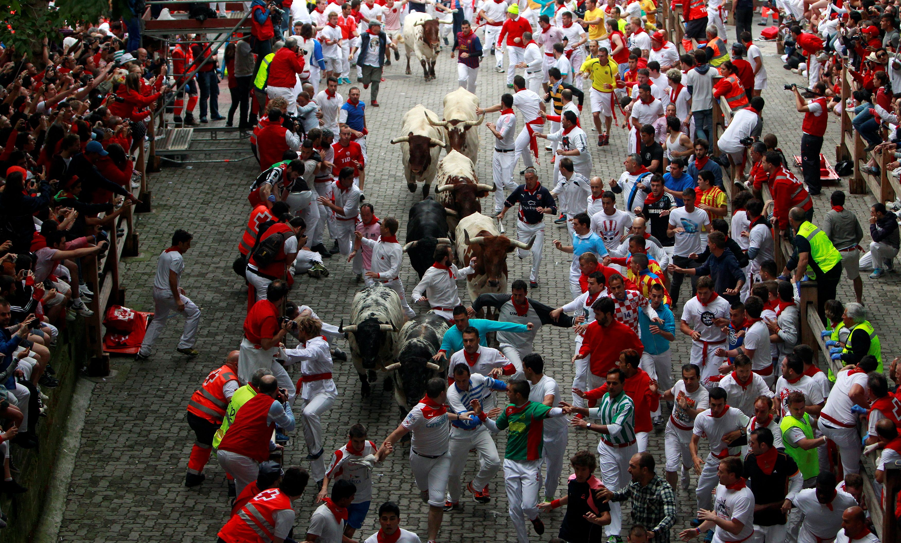 Runners sprint in front of Torrestrella fighting bulls at the entrance to the bullring during the first running of the bulls of the San Fermin festival in Pamplona