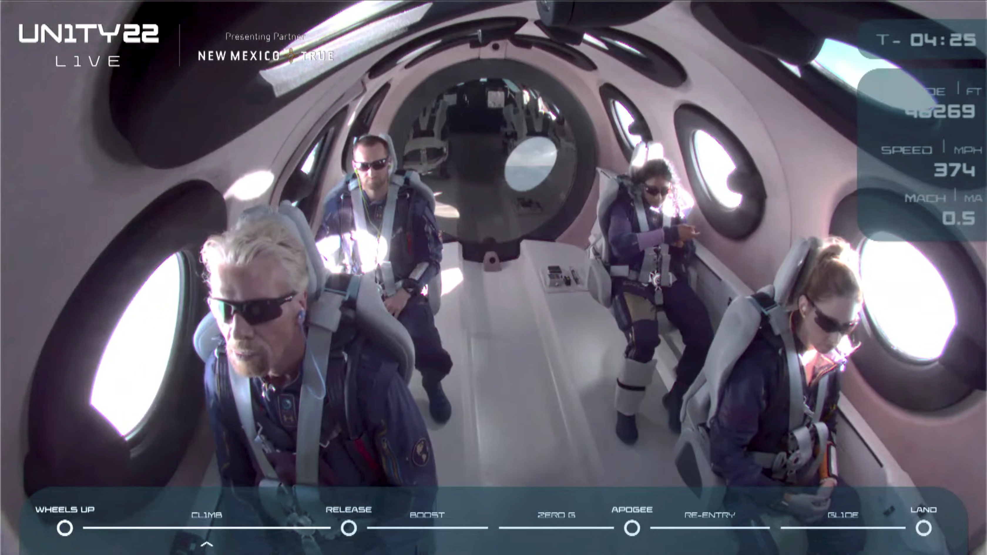 Billionaire Richard Branson and crew are seen on board Virgin Galactic's passenger rocket plane VSS Unity