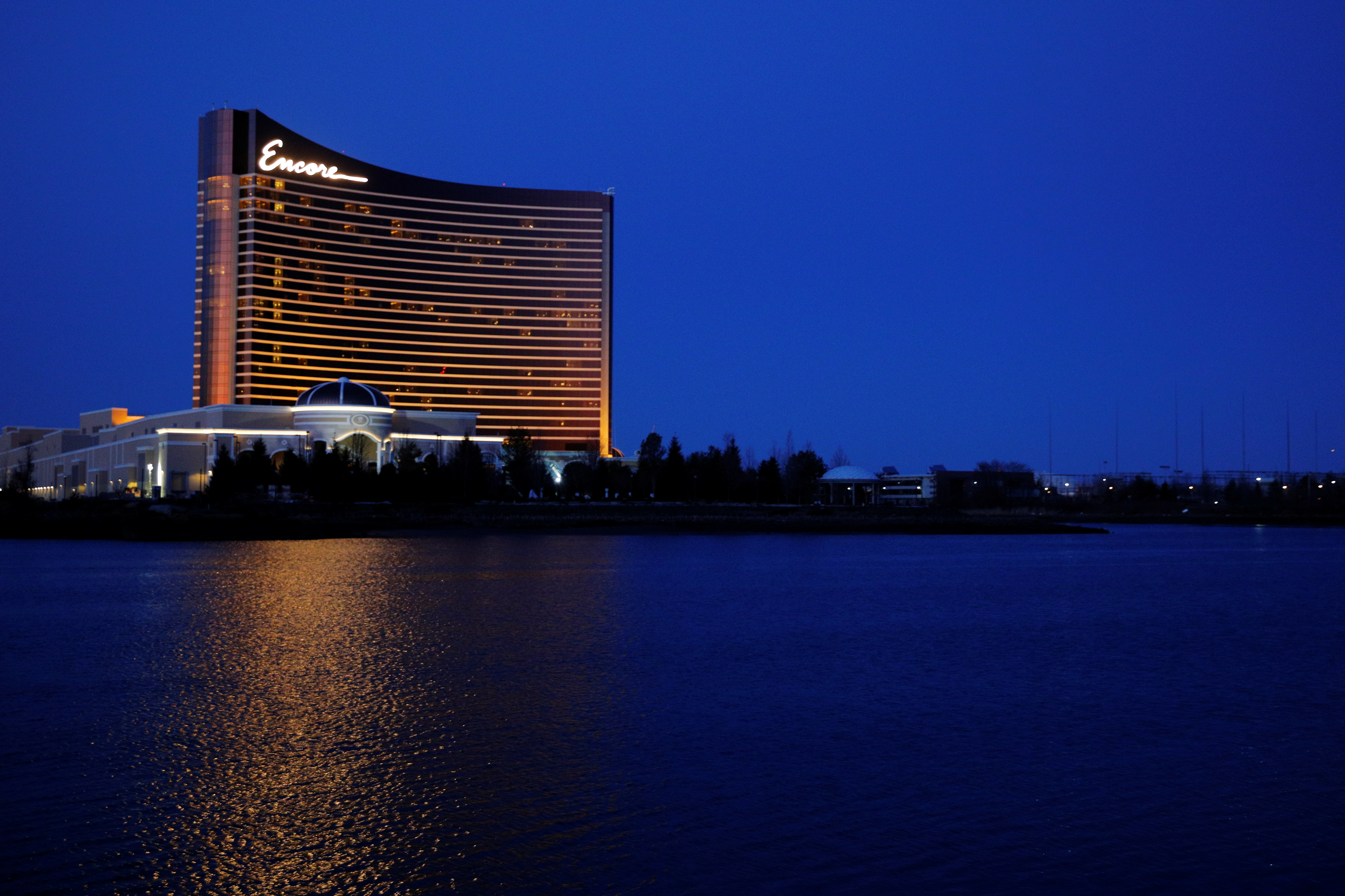 The Encore Casino, built by Wynn Resorts, stands beside the Mystic River in Everett