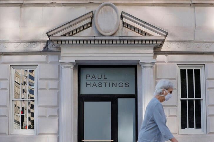 Signage is seen outside of the Paul Hastings law firm in Washington, D.C.