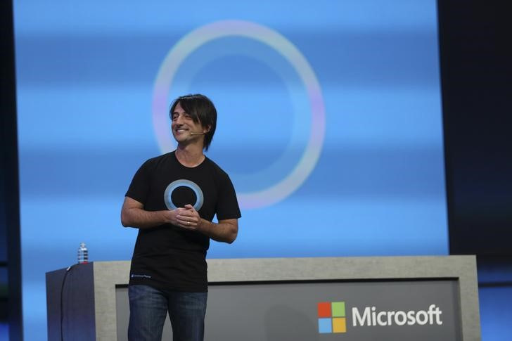 Joe Belfiore, vice president of the operating system group at Microsoft,  introduces Cortana, included in the new 8.1 operating system update that is a personal digital assistant, during the company's "build" conference in San Francisco