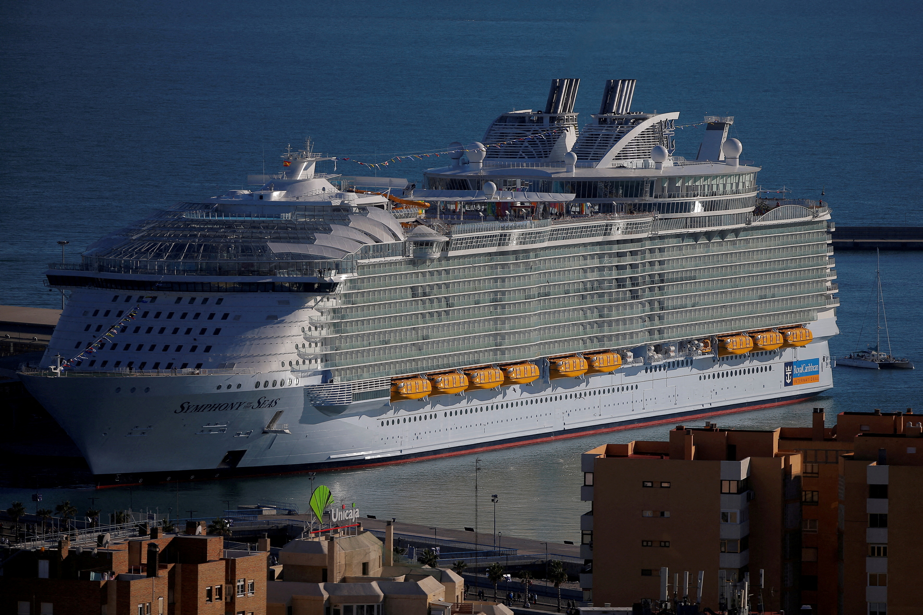 Symphony of the Seas during its world presentation ceremony, berthed at Malaga port