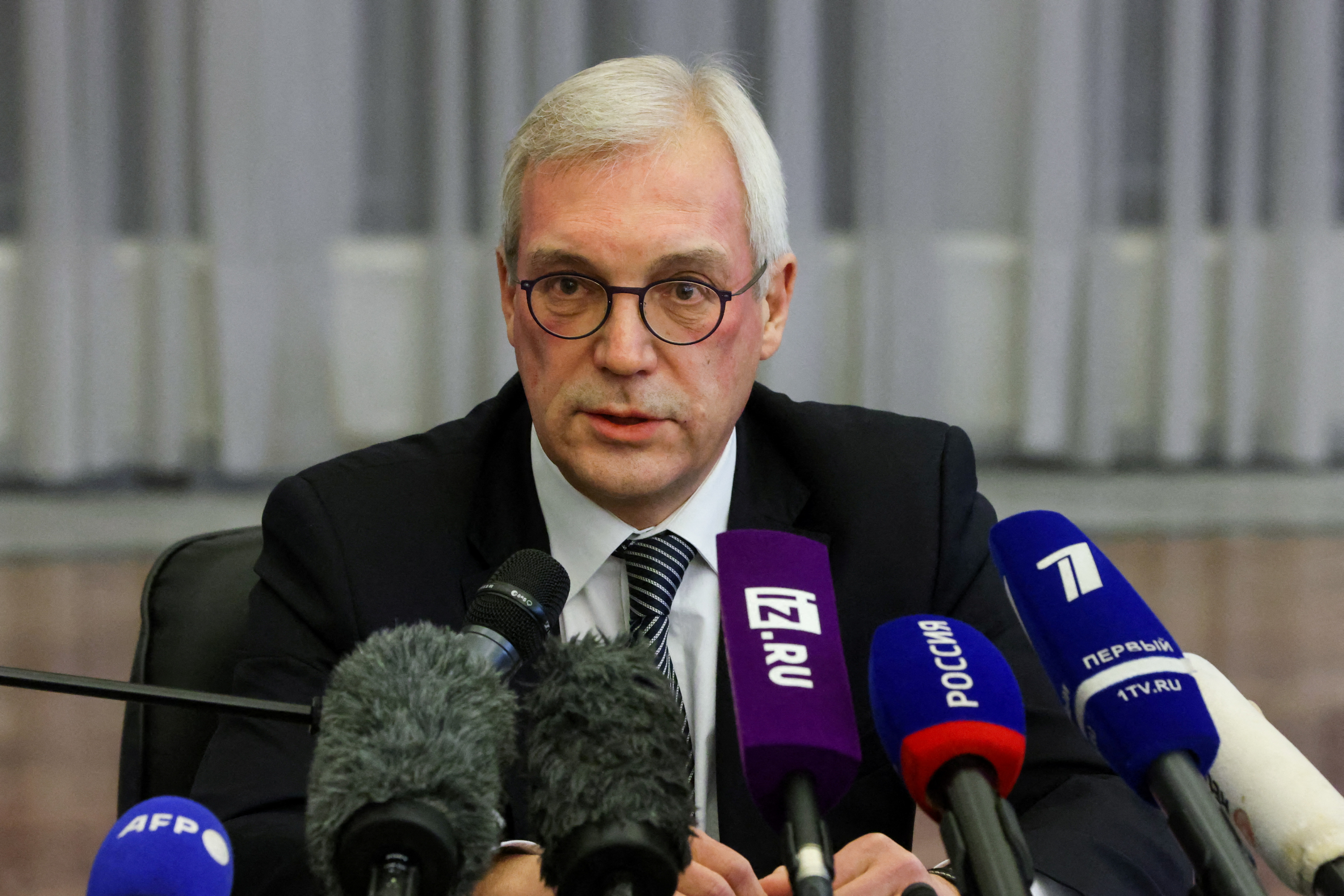 Russia's Deputy Foreign Minister Alexander Grushko holds a news conference in Brussels