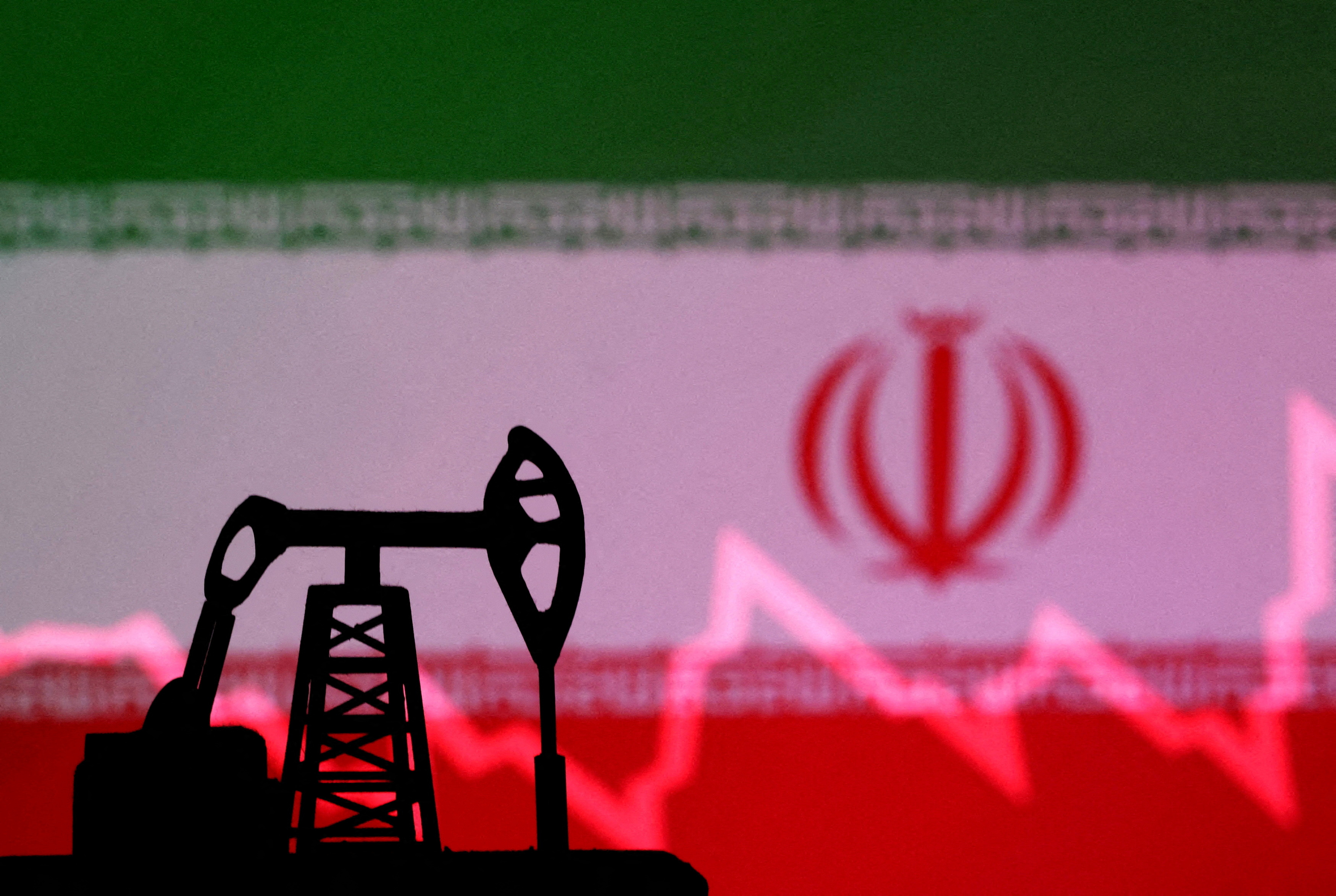 Illustration shows Iran flag, oil pump jack and stock graph