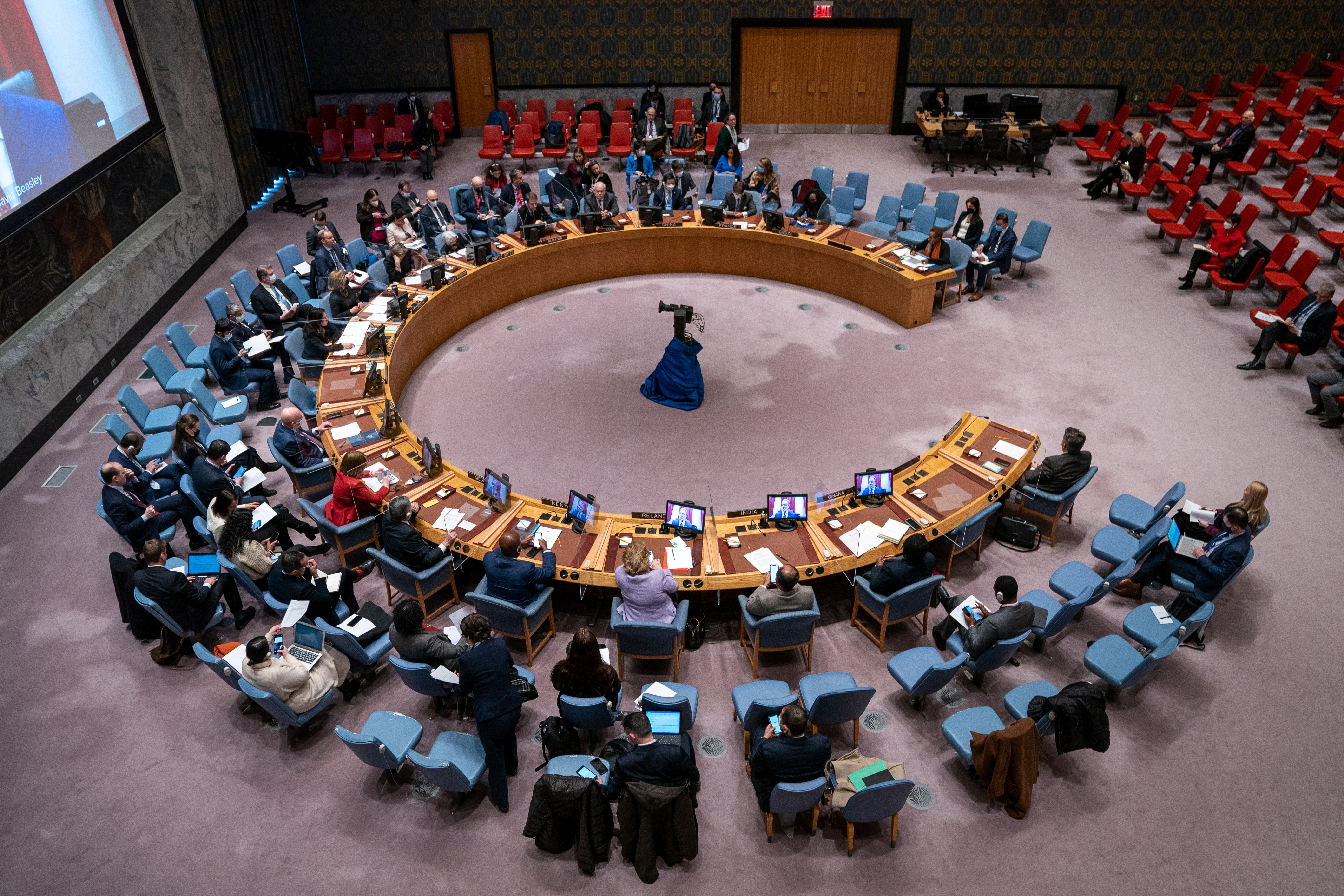 The United Nations Security Council assembles for a meeting on humanitarian relief aid