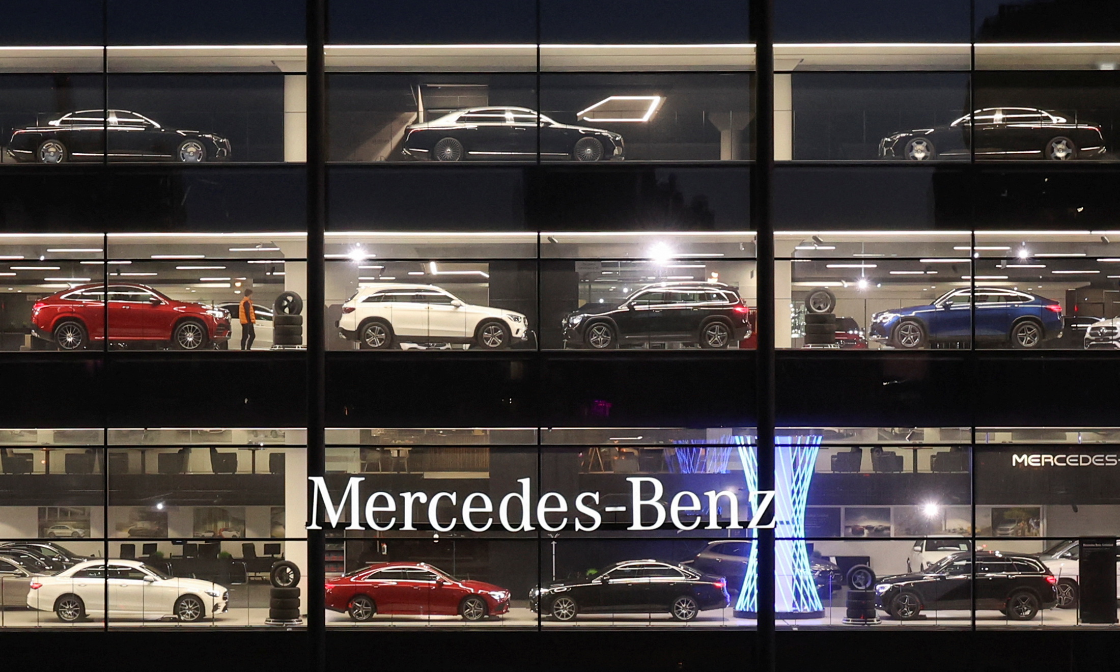 Mercedes-Benz cars are on display for sale at a showroom in Saint Petersburg
