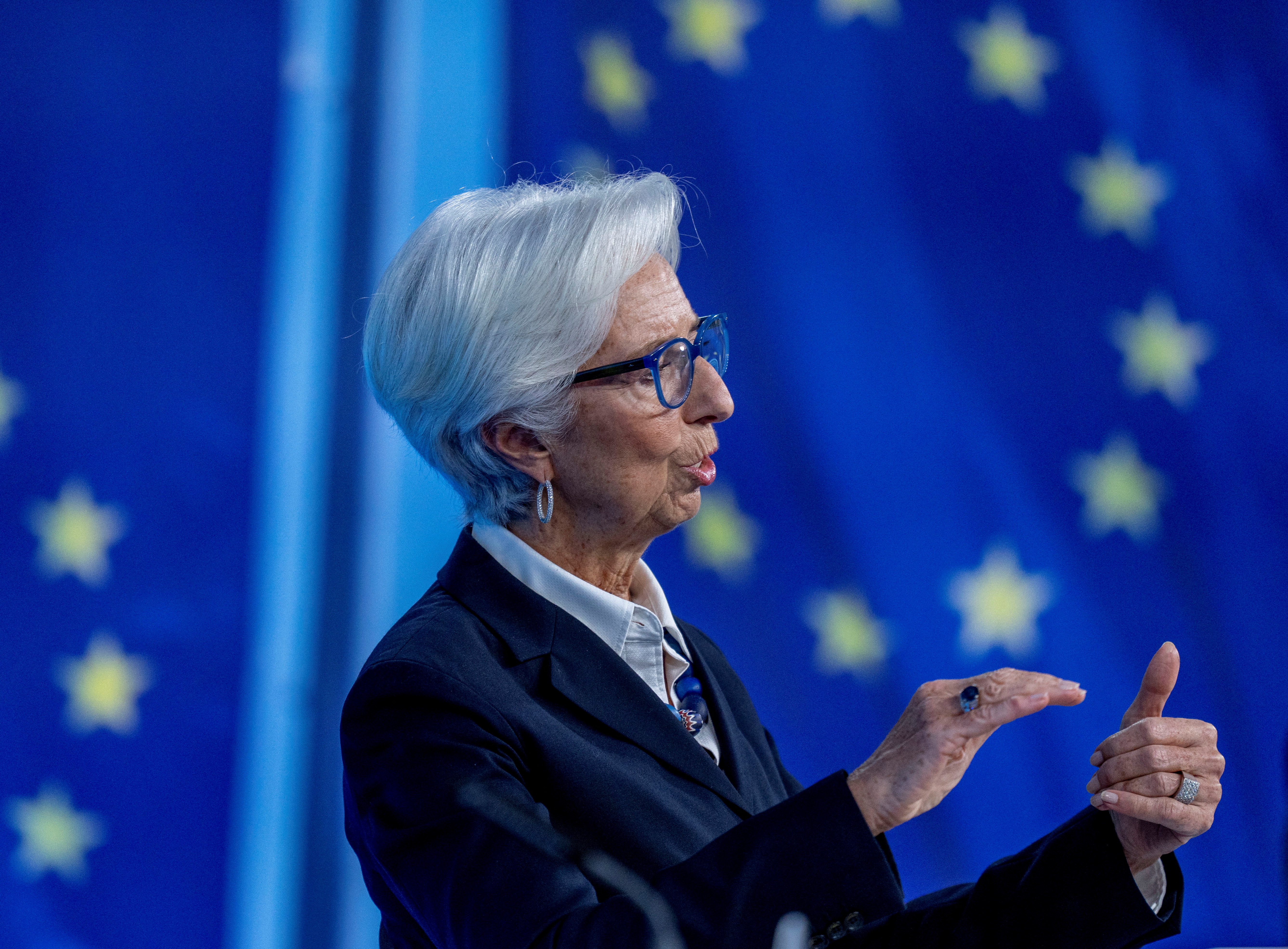 President of European Central Bank, Christine Lagarde, speaks during a news conference following a meeting of the governing council in Frankfurt