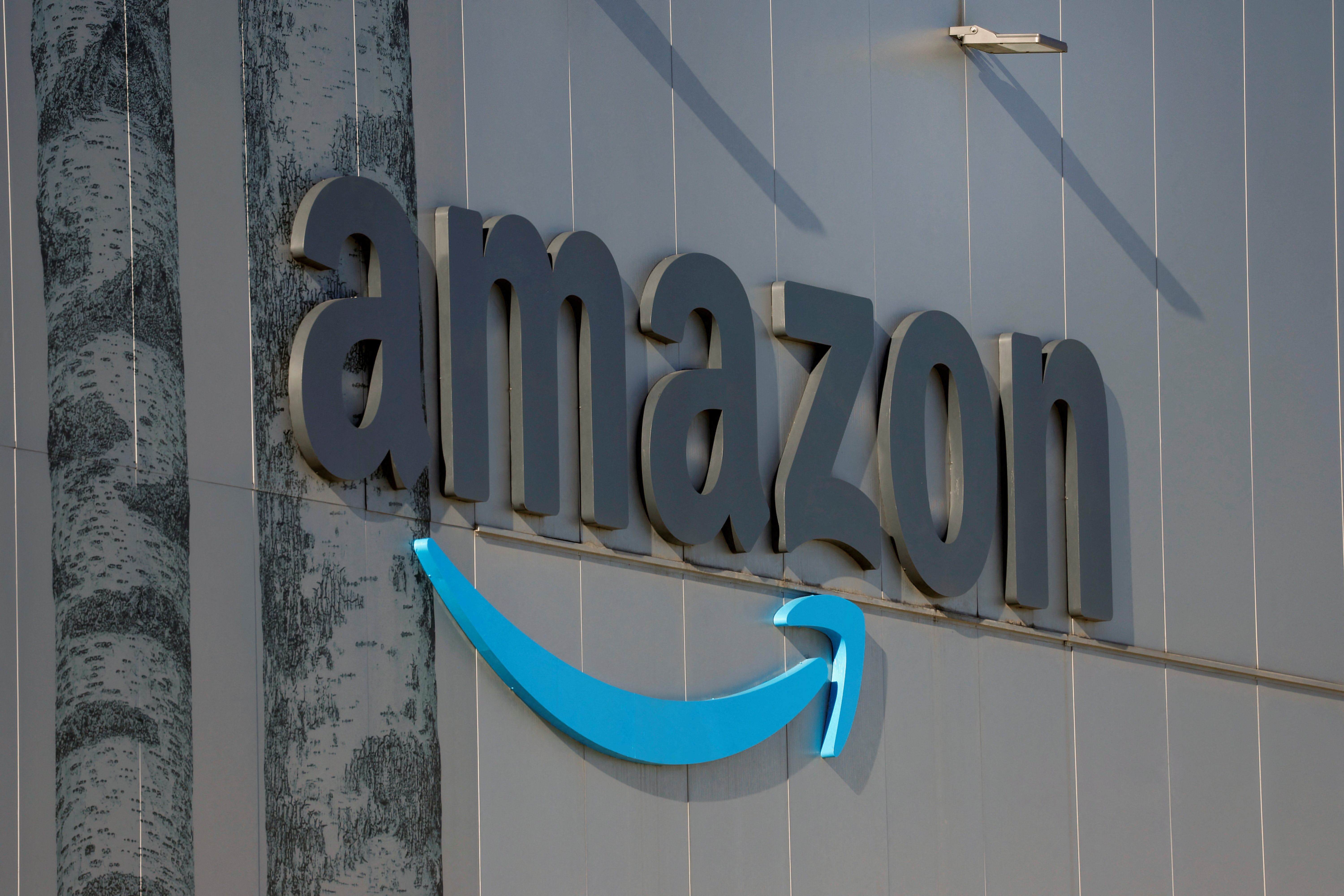 The logo of giant online retailer Amazon AMZN.O is displayed at a logistics centre in Trapagaran