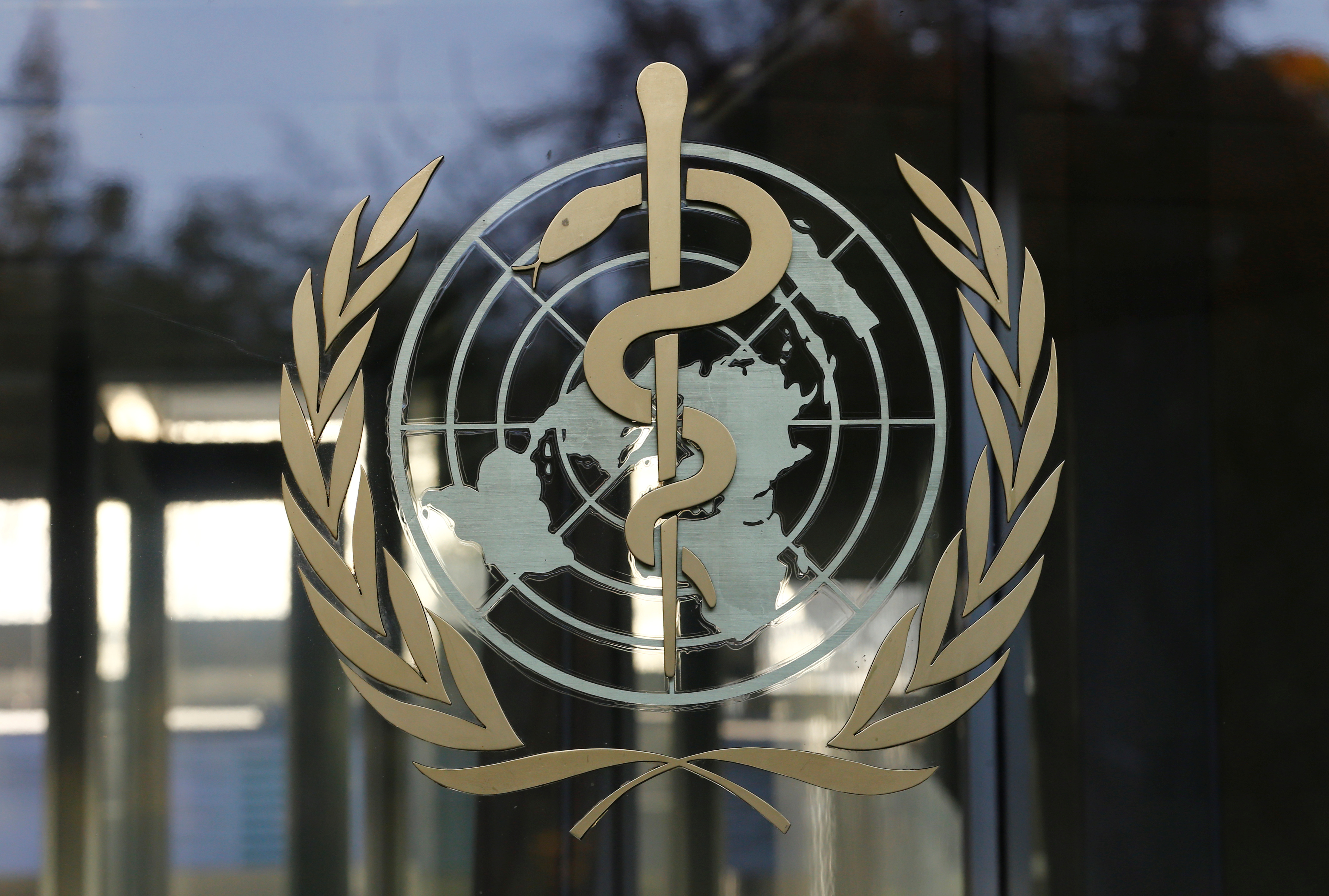There is a graphic logo on the headquarters of the World Health Organization in Geneva