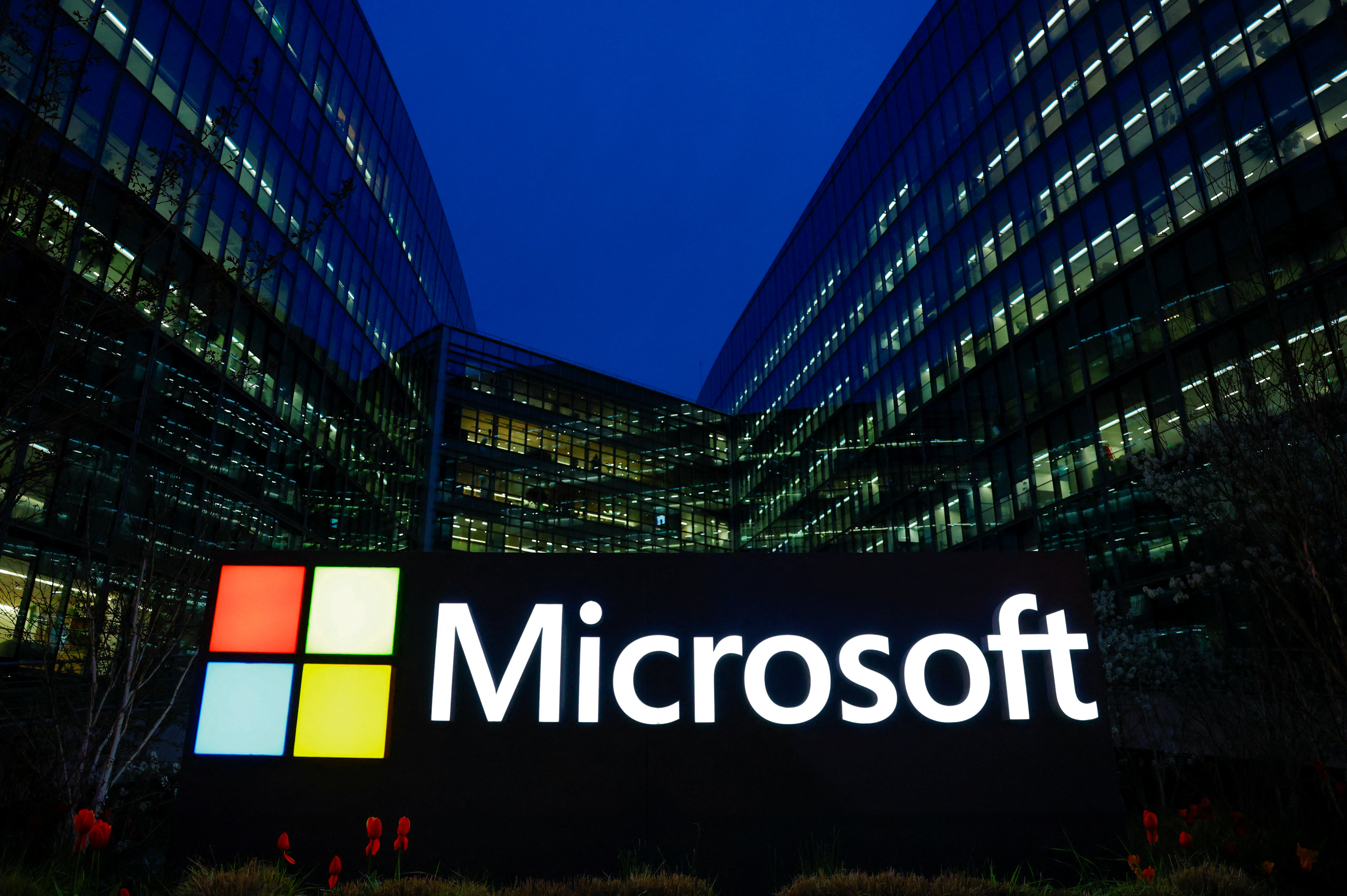 A Microsoft logo is seen in Issy-les-Moulineaux near Paris