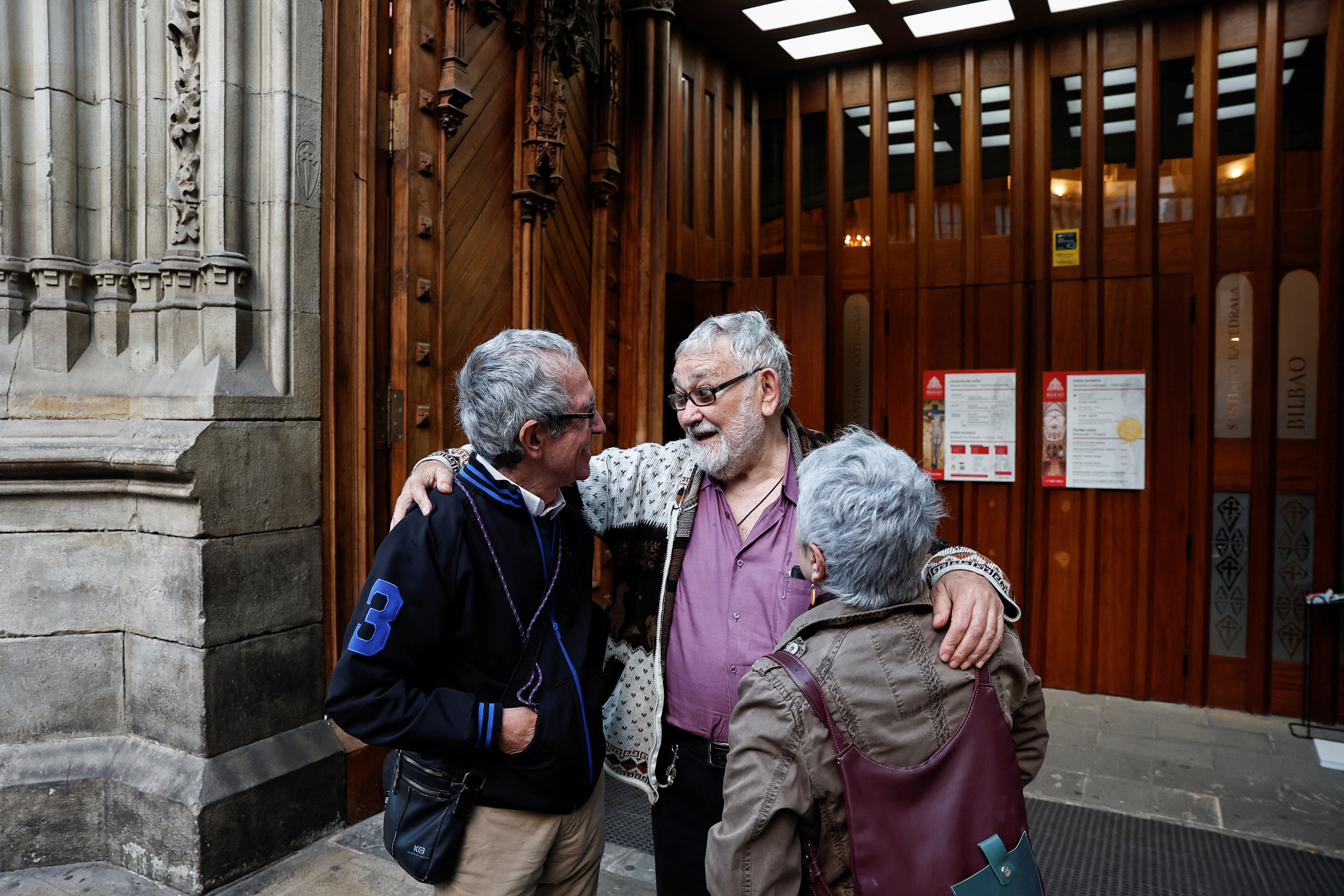Priest Josu Lopez Villalba, sexual abuse victim, talks to people after a mass, by the Bishop of Bilbao, Joseba Segura and priest Villalba, where forgiveness was asked for from victims of sexual abuse by the Catholic Church, in Bilbao