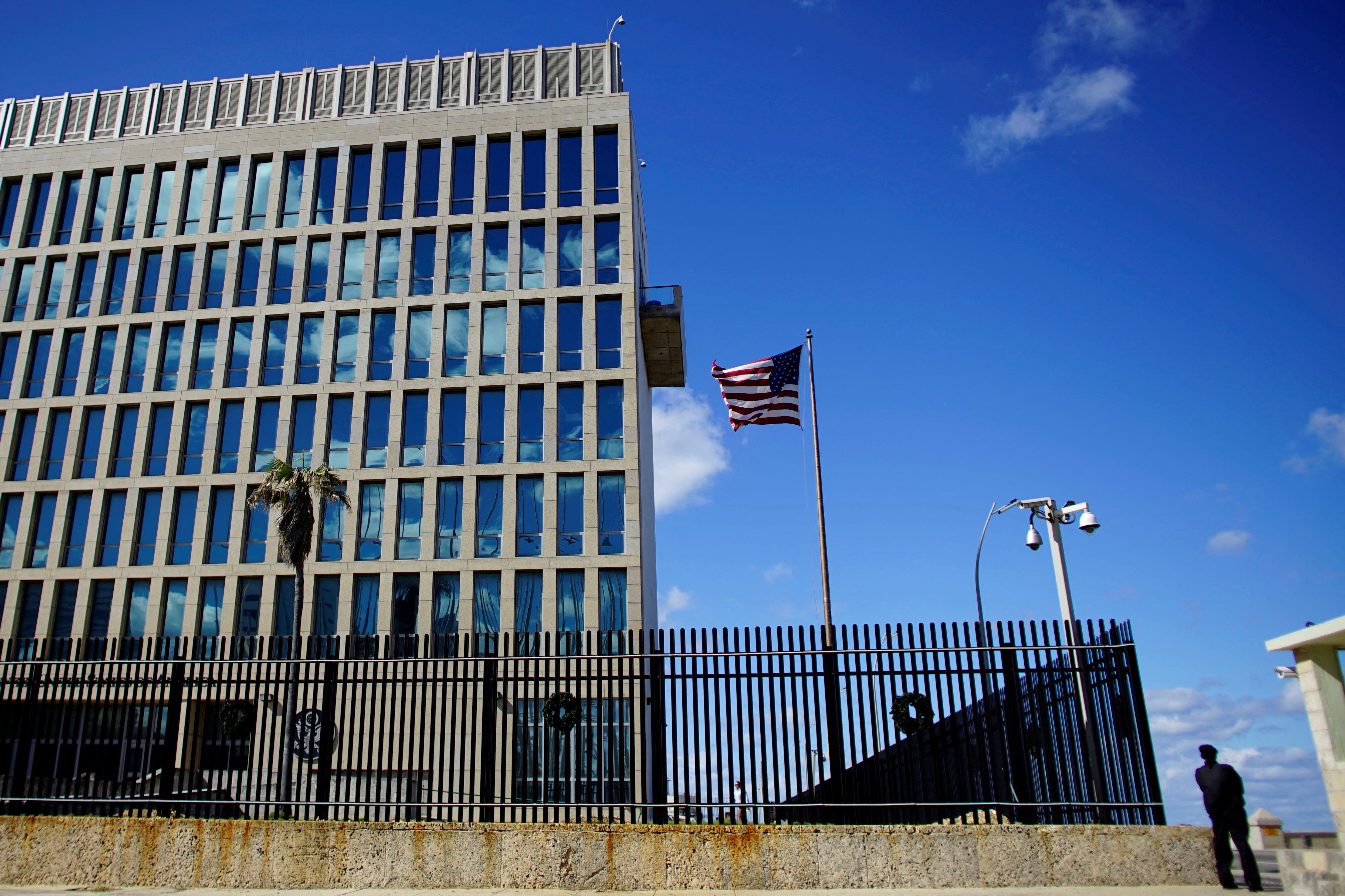 A security guard stands outside the U.S. Embassy in Havana