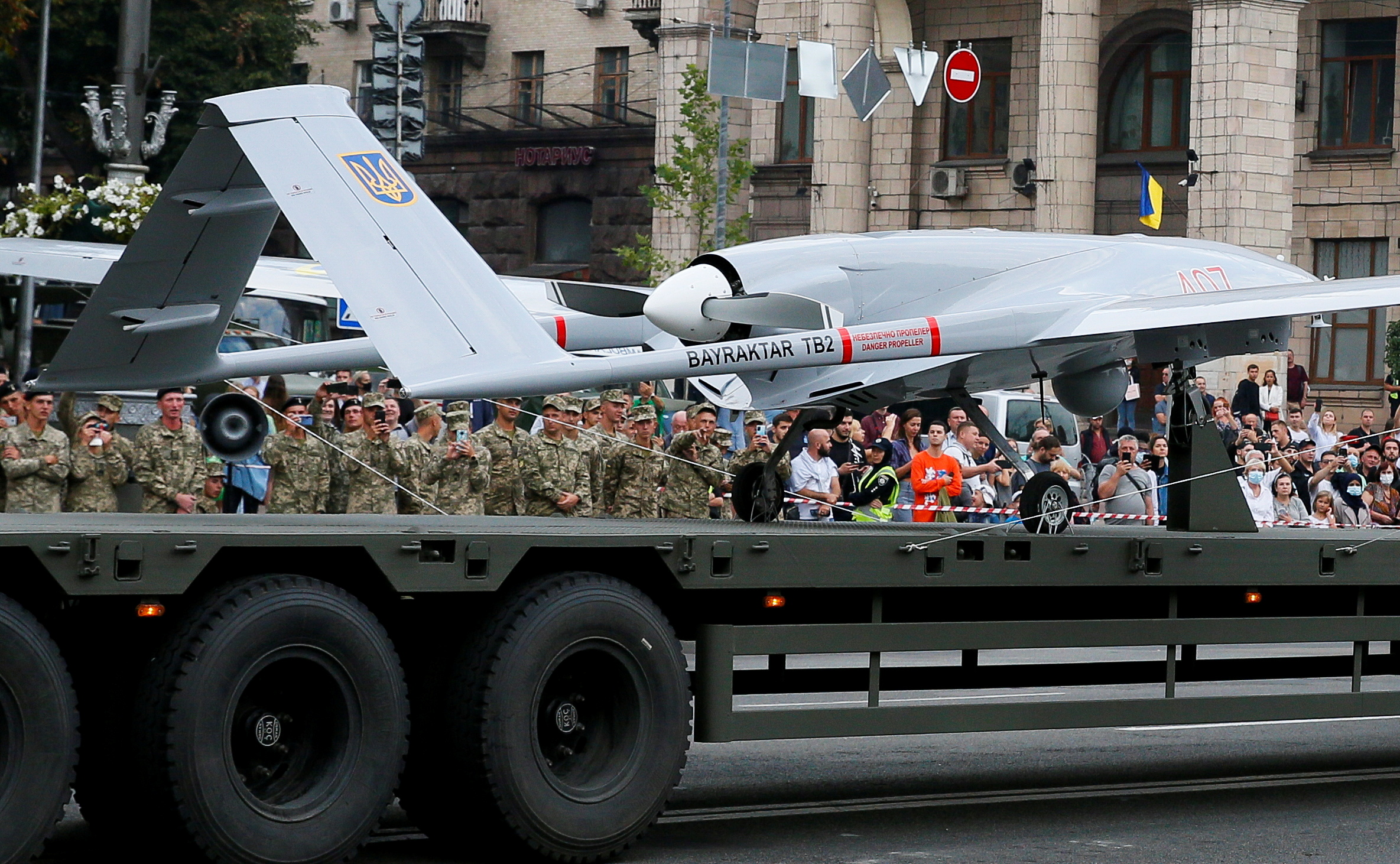 A Bayraktar drone is seen during a rehearsal for Ukraine's Independence Day military parade in Kyiv