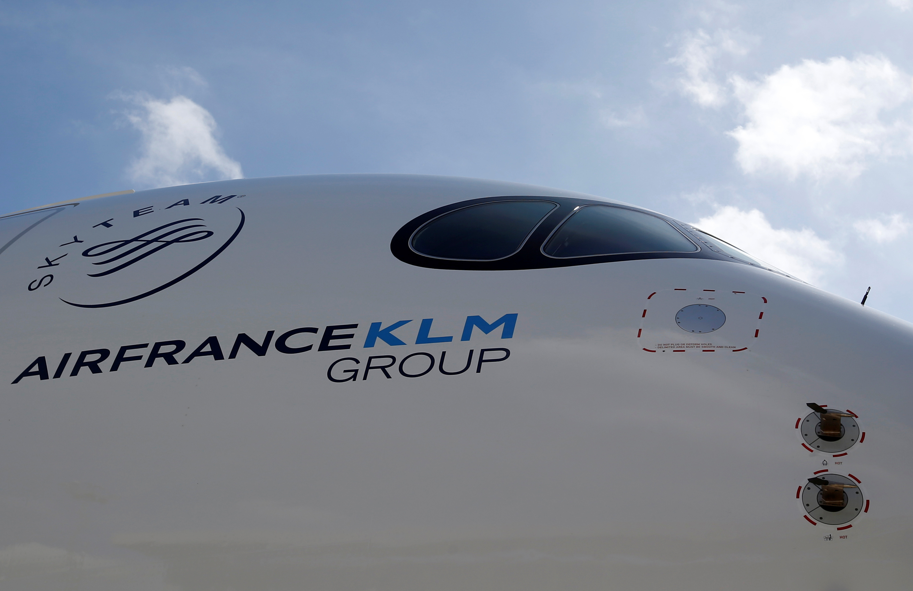 Logo of Air France KLM Group is pictured on the first Air France airliner's Airbus A350 during a ceremony at the aircraft builder's headquarters of Airbus in Colomiers