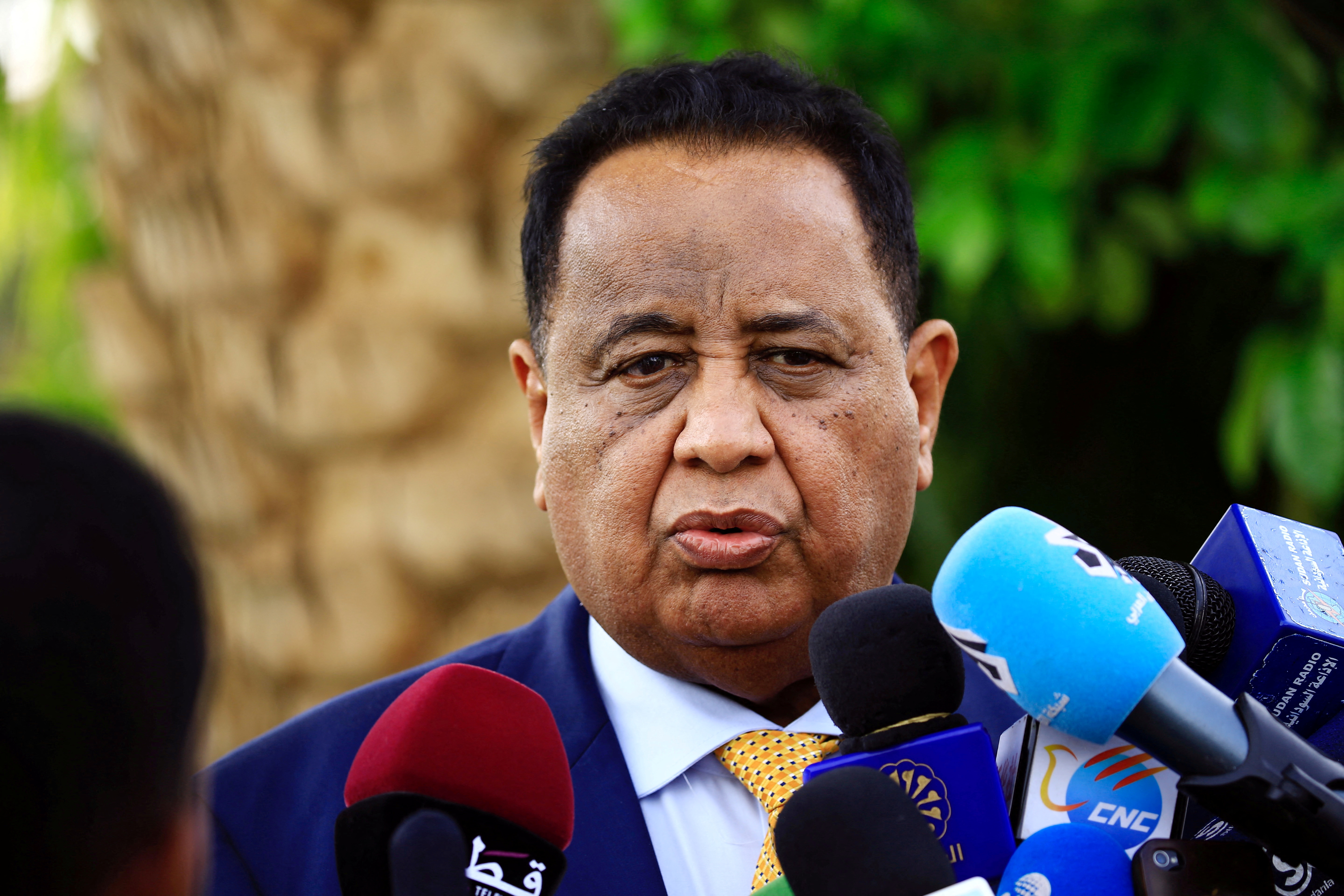 Sudan's Minister of Foreign Affairs Ibrahim Ahmed Abdelaziz Ghandour talks to the press during a joint news conference with Qatar's Minister of Foreign Affairs Mohammed bin Abdulrahman Al Thani in Khartoum