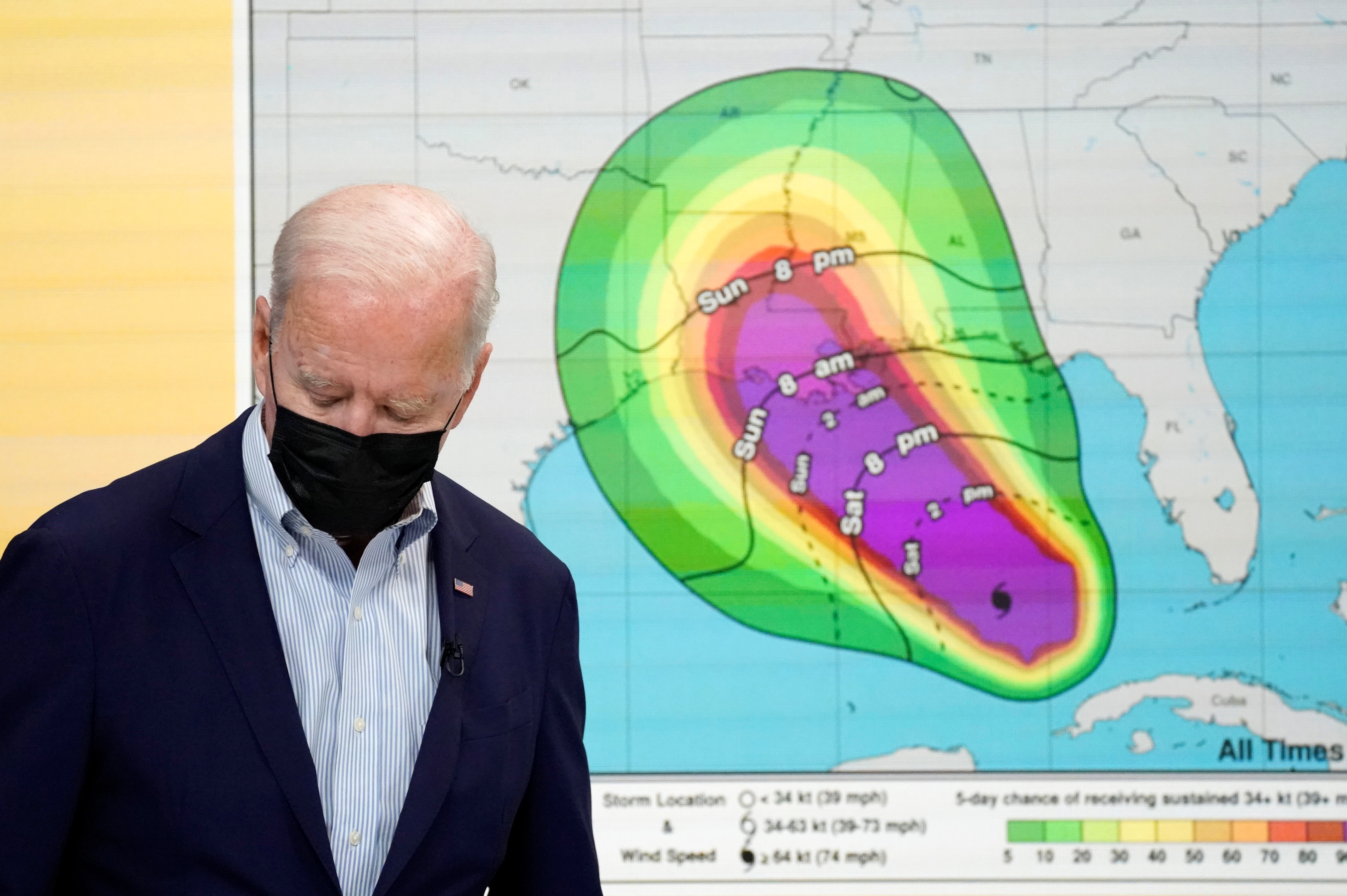 U.S. President Joe Biden arrives for a virtual briefing with FEMA Administrator Deanne Criswell on preparations for Hurricane Ida at the White House in Washington