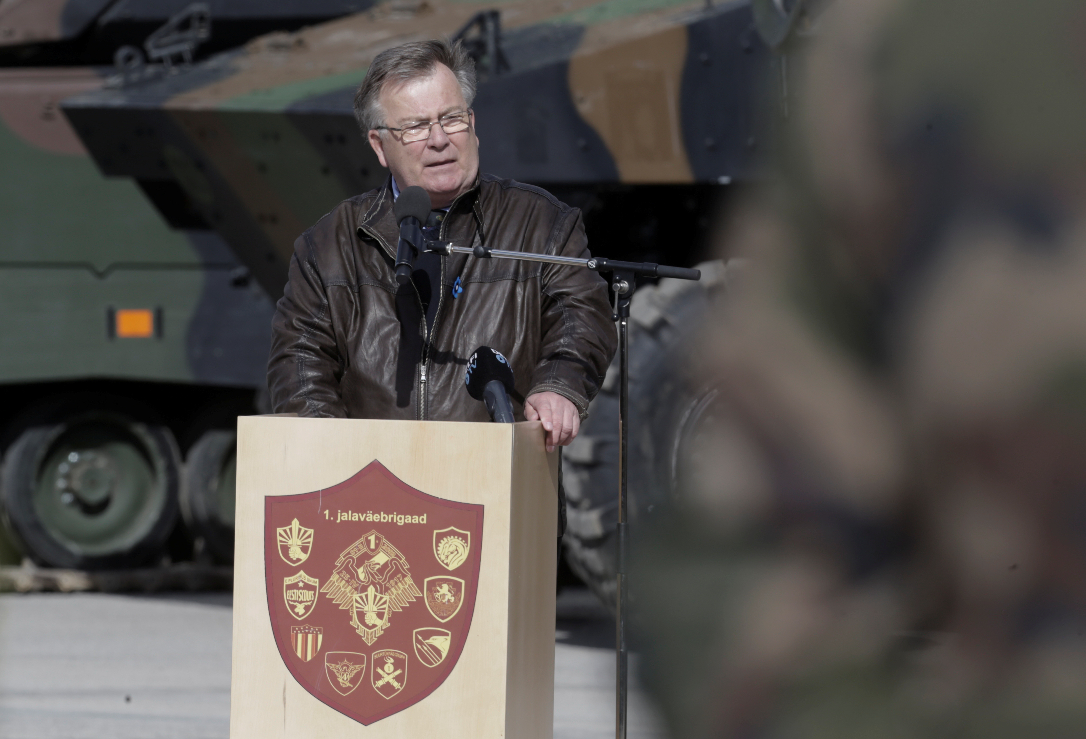 Denmark’s Defence Minister Claus Hjort Frederiksen speaks during the official ceremony welcoming the deployment of a multi-national NATO battalion in Tapa