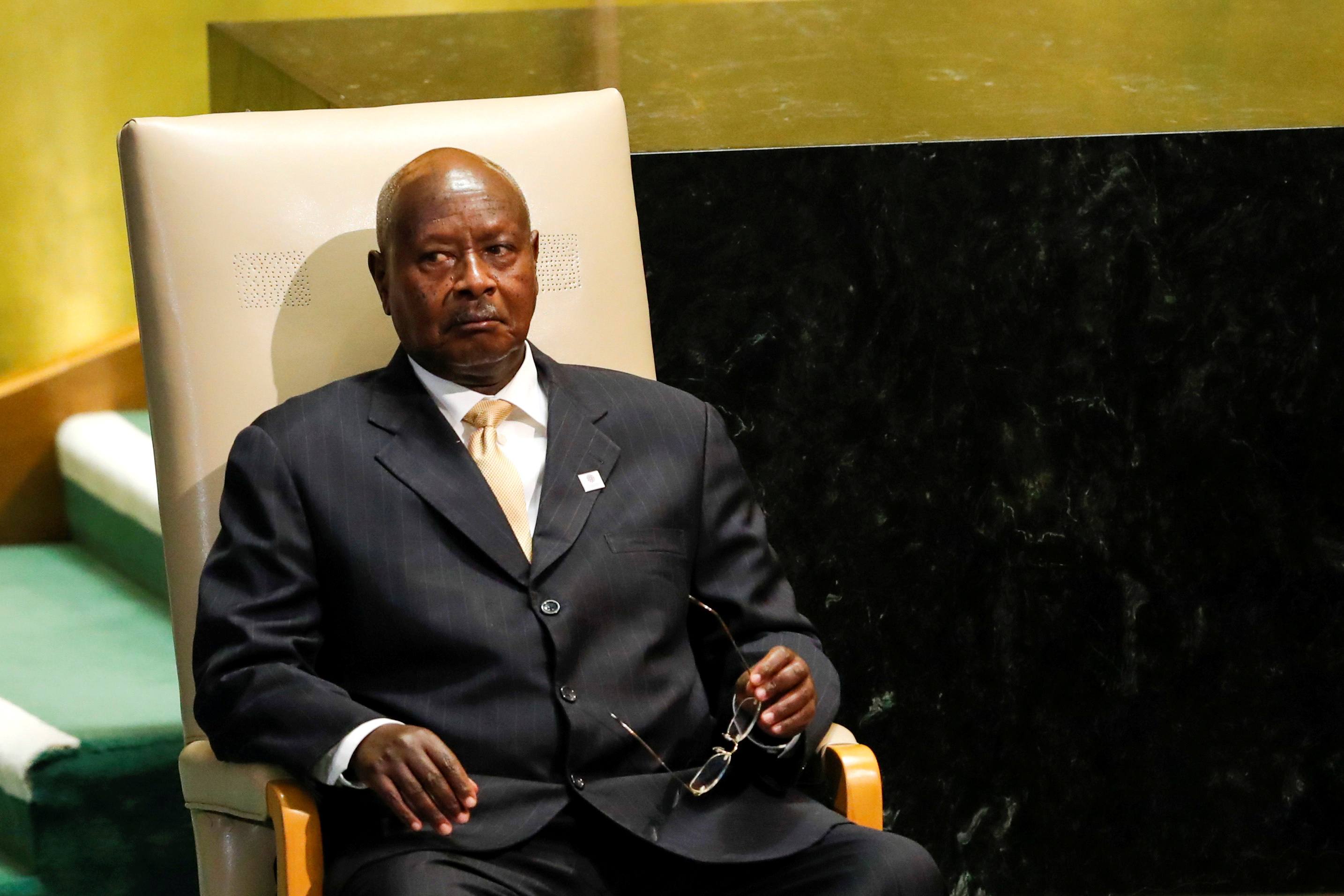 Ugandan President Kaguta Museveni waits to address the United Nations General Assembly in the Manhattan borough of New York