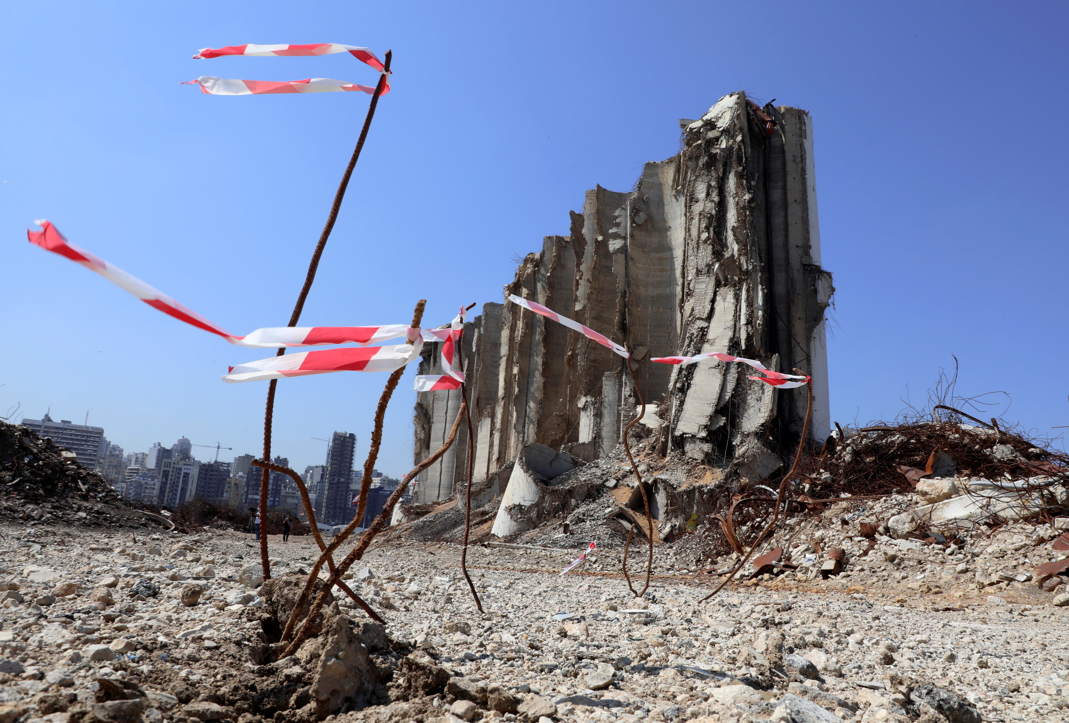 A view shows the grain silo that was damaged during last year's Beirut port blast, in Beirut