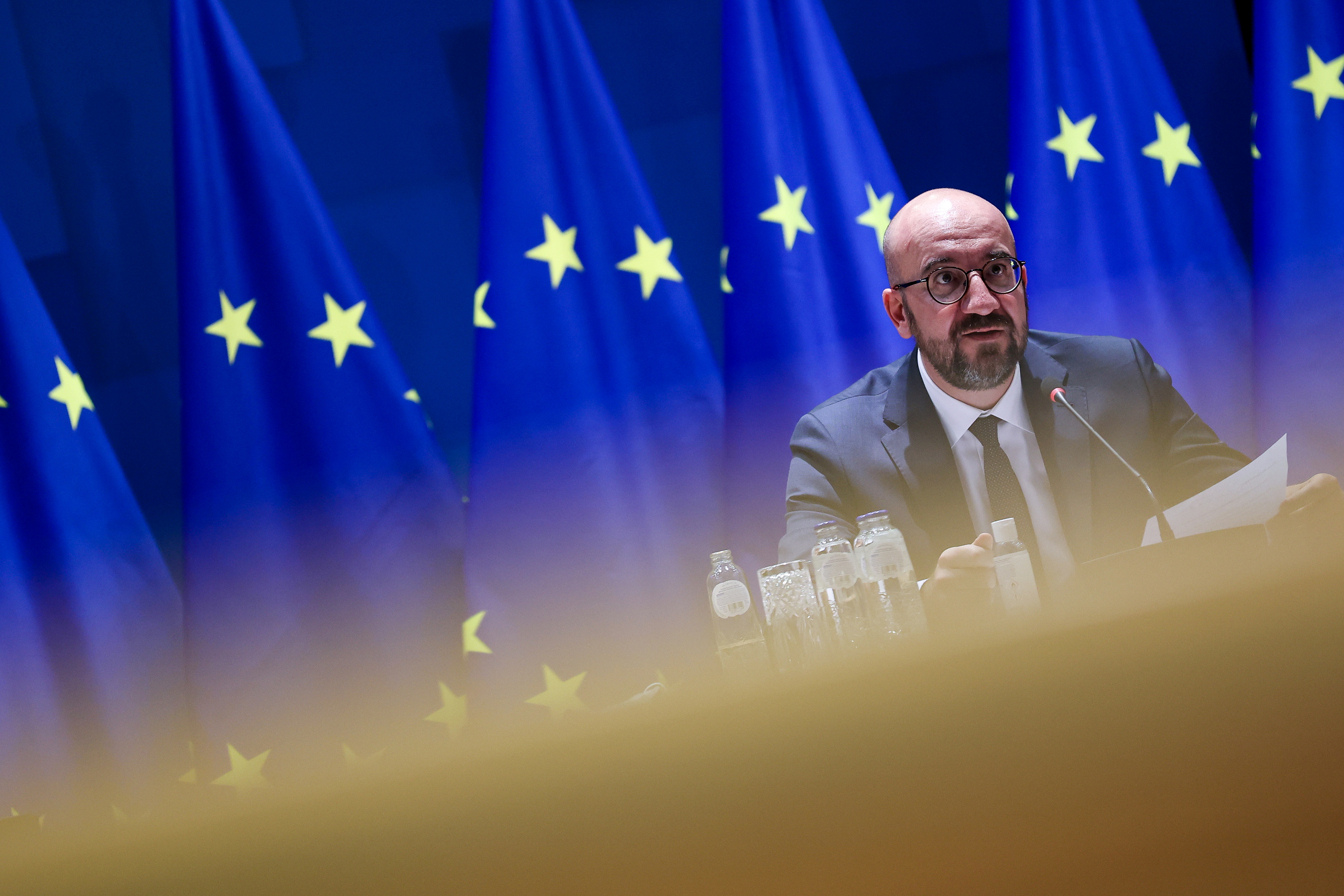 European Council President Charles Michel attends a video conference meeting with Georgian President Salome Zurabishvili