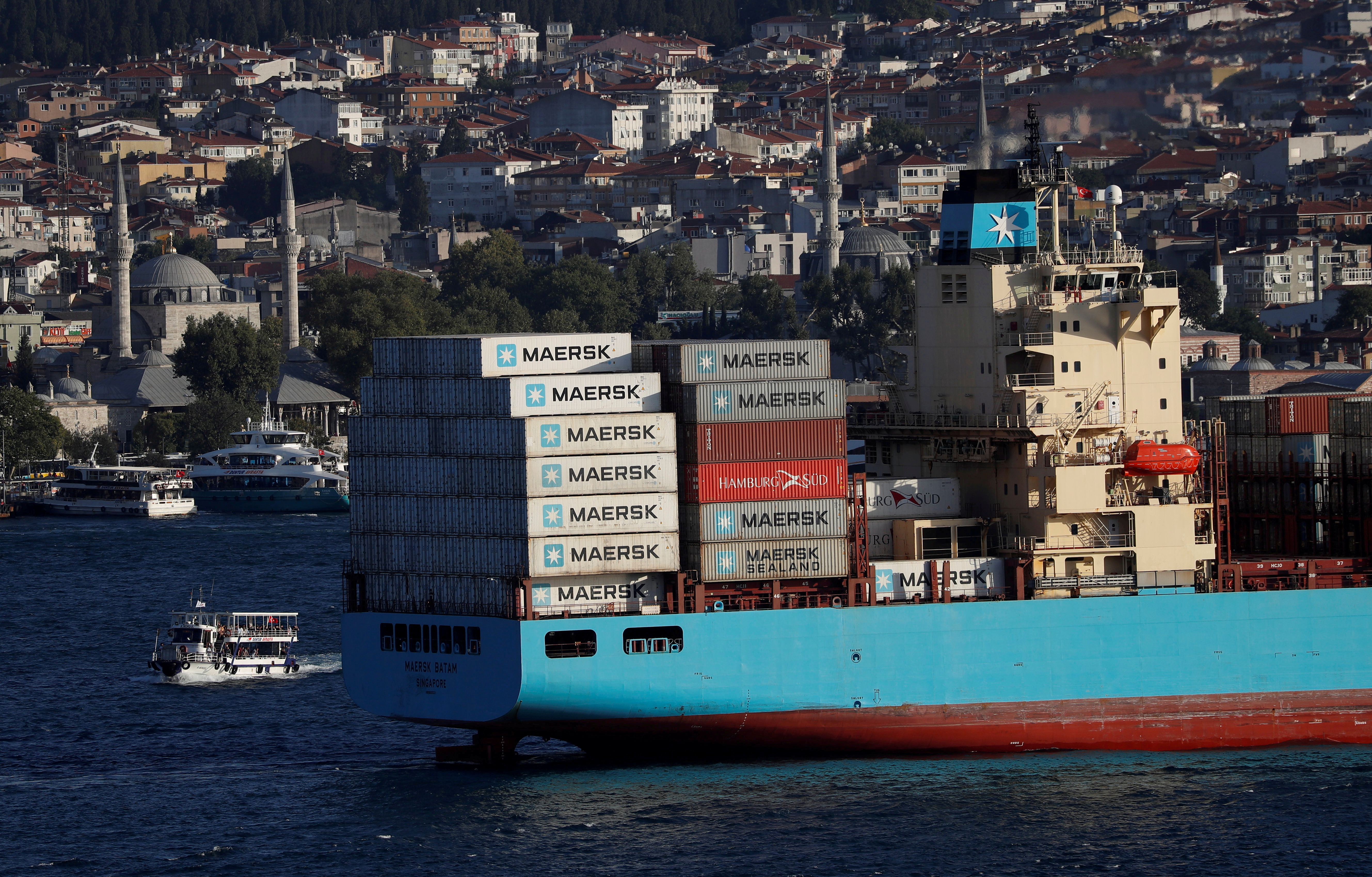 The Maersk Line container ship Maersk Batam sails in the Bosphorus, on its way to the Mediterranean Sea, in Istanbul, Turkey