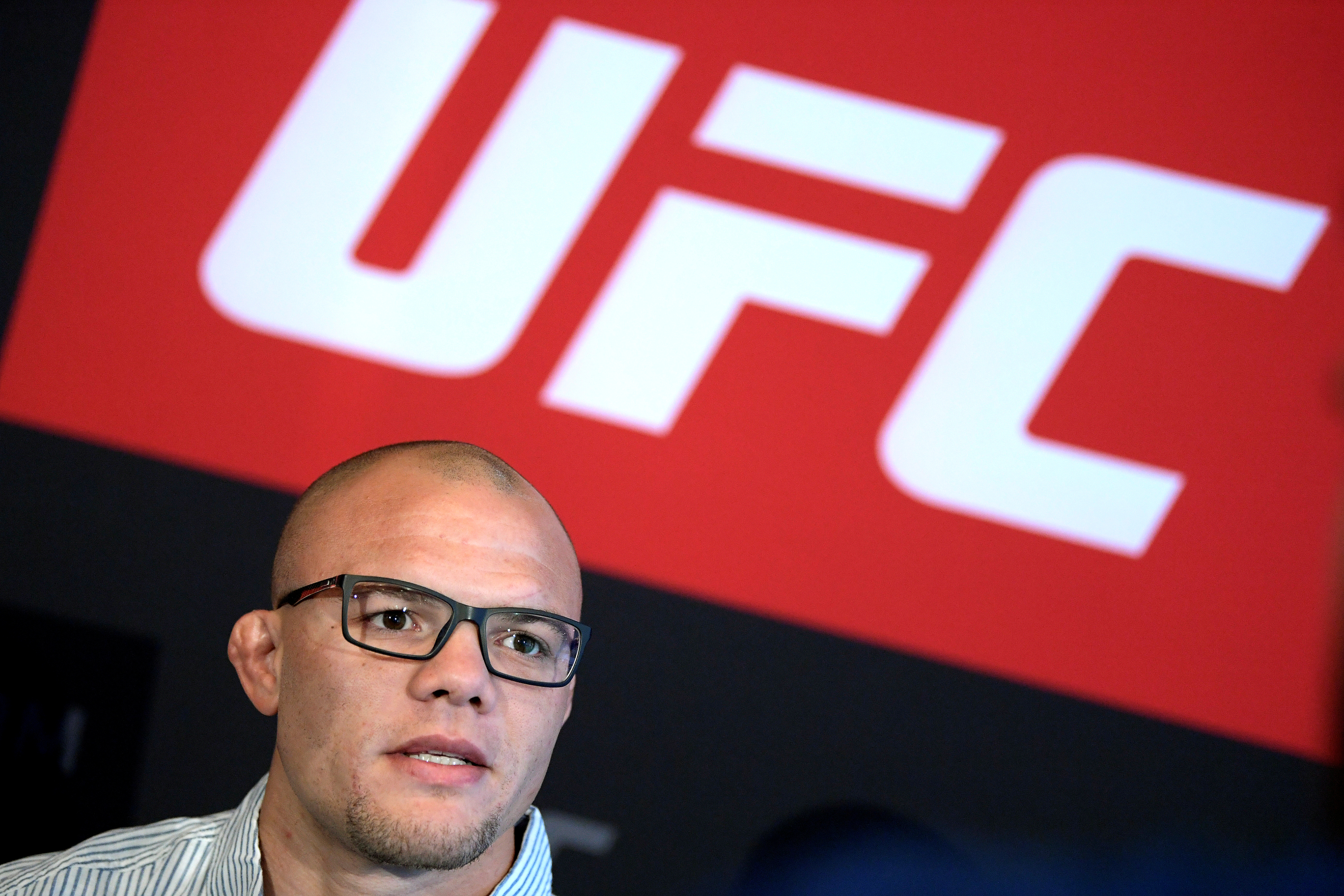 Anthony Smith of the U.S. attends a news conference ahead of the Ultimate Fighting Championship (UFC) gala in Stockholm Globe Arena, in Stockholm