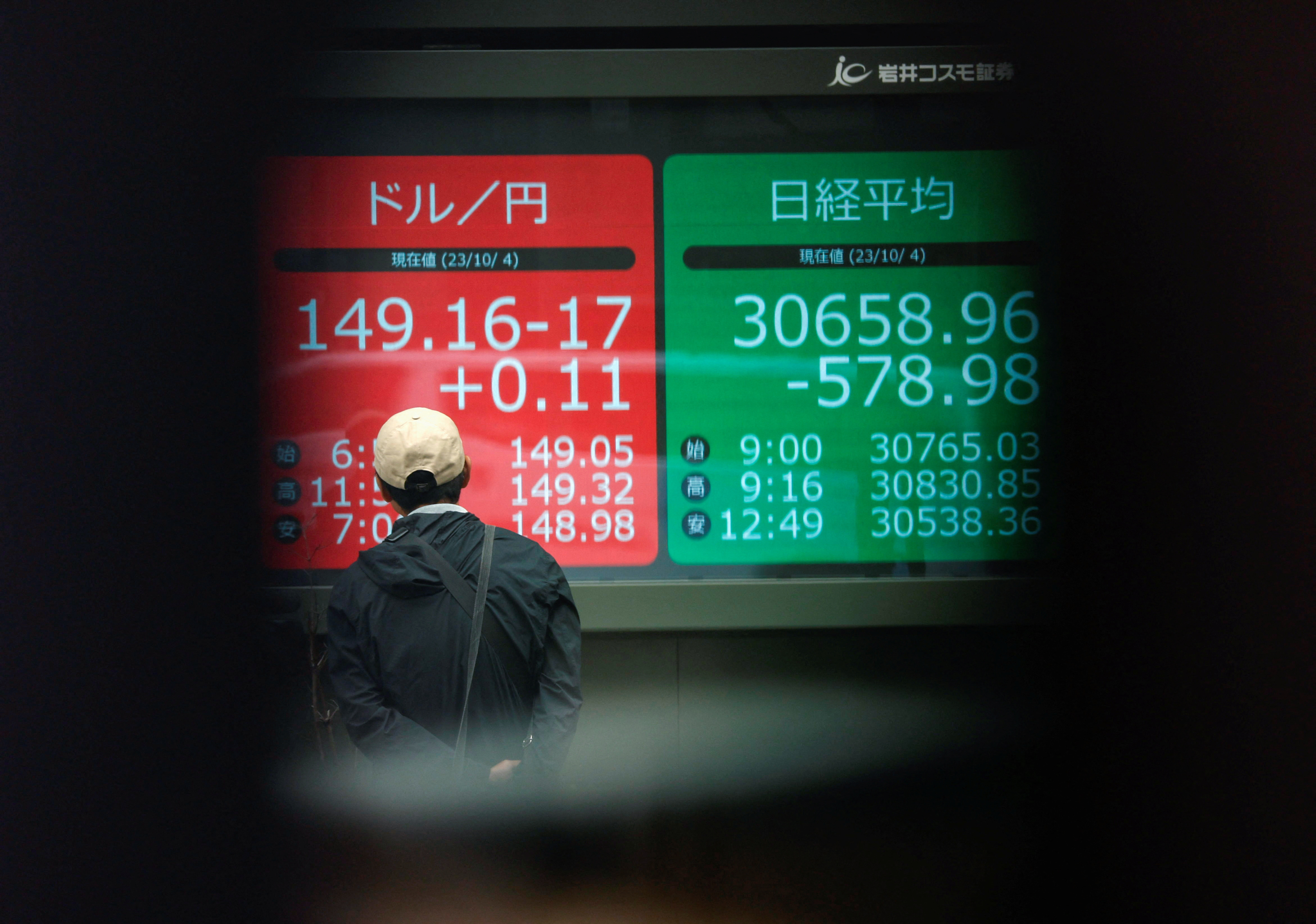 A man looks at an electric monitor displaying the Japanese yen exchange rate against the U.S. dollar and Nikkei share average in Tokyo