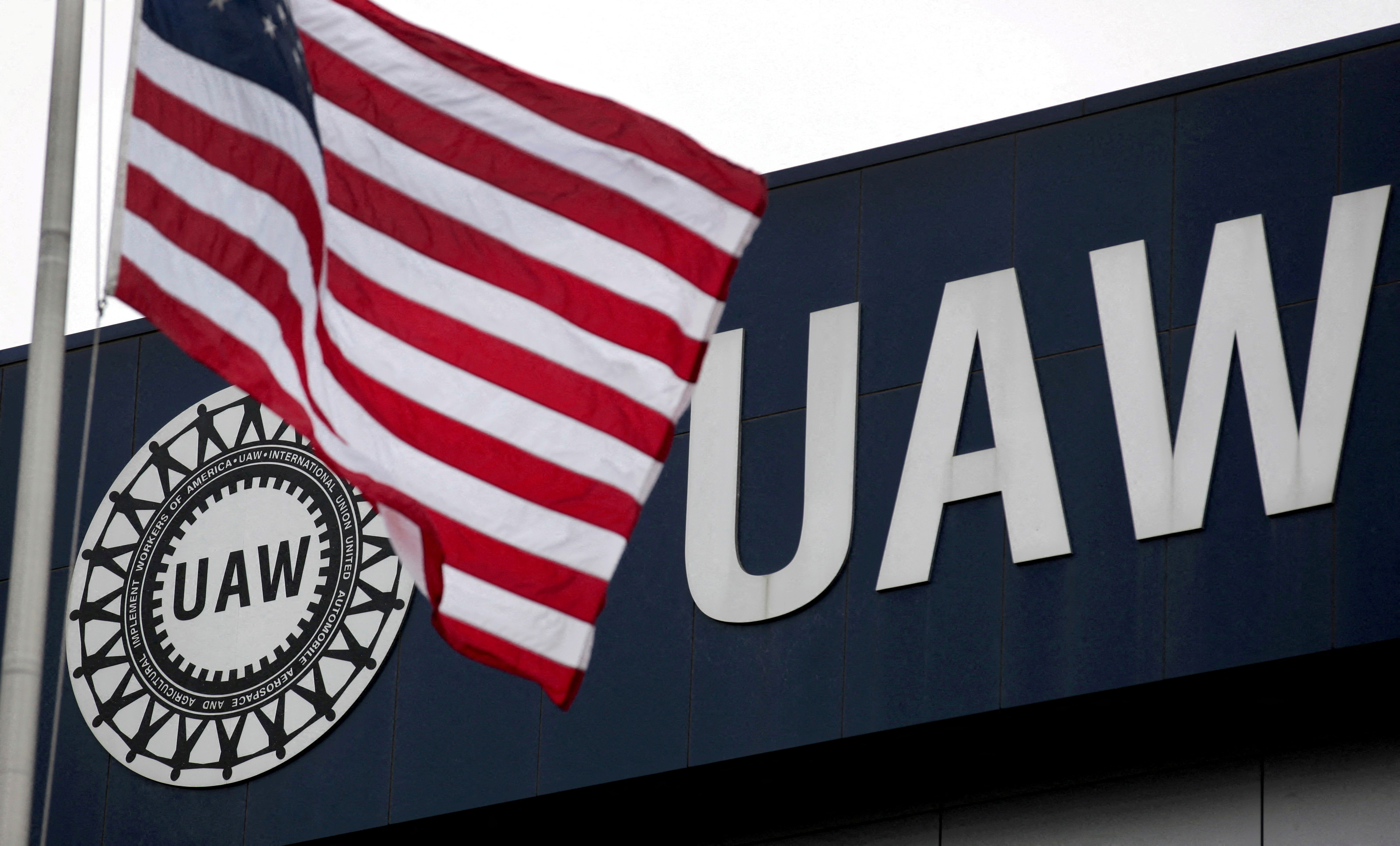 The United Auto Workers union logo on the front of the UAW Solidarity House in Detroit