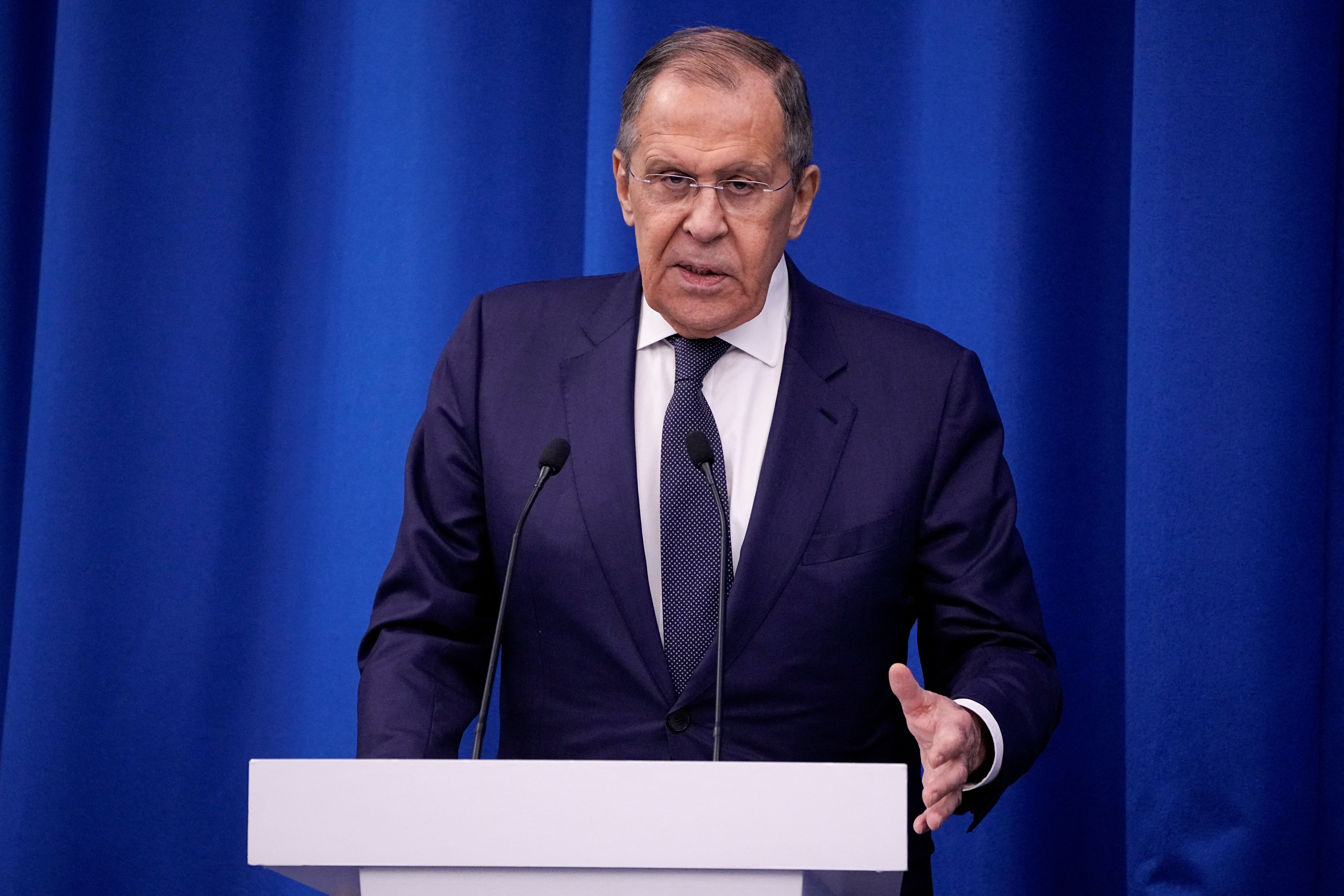 Russian Foreign Minister Sergei Lavrov attends an international conference in Moscow