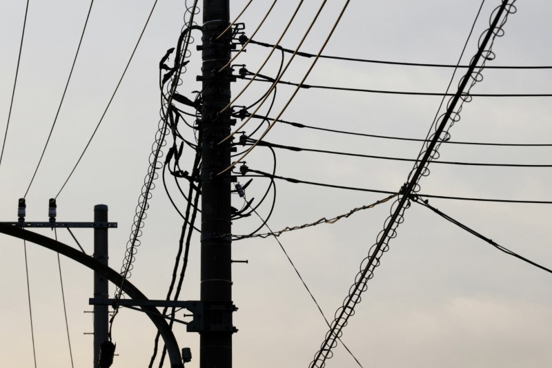 Power lines are silhouetted against the sky near the Oi thermal power station of TEPCO in Tokyo