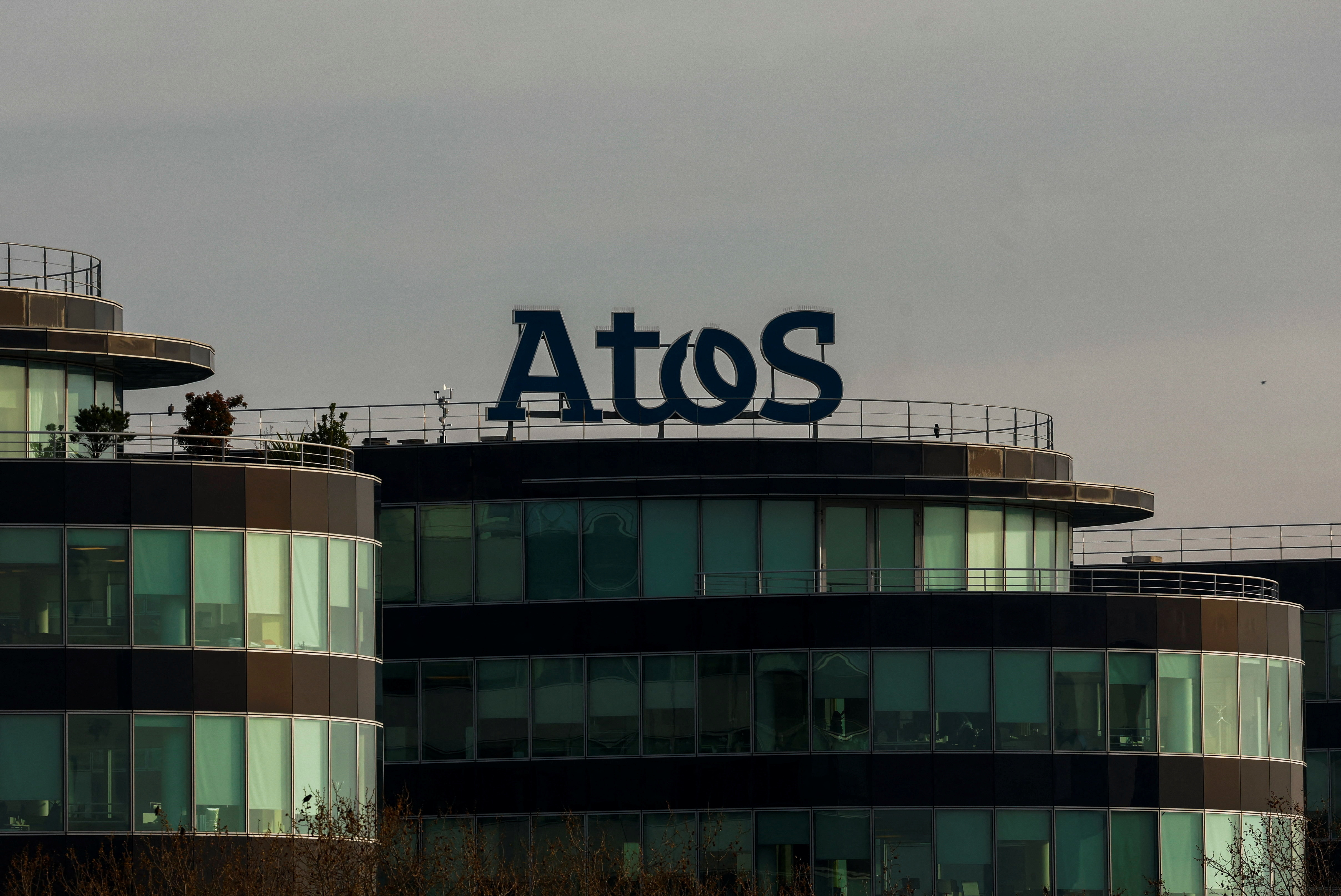 The logo of French IT consulting firm Atos is seen on a company building in Bezons near Paris