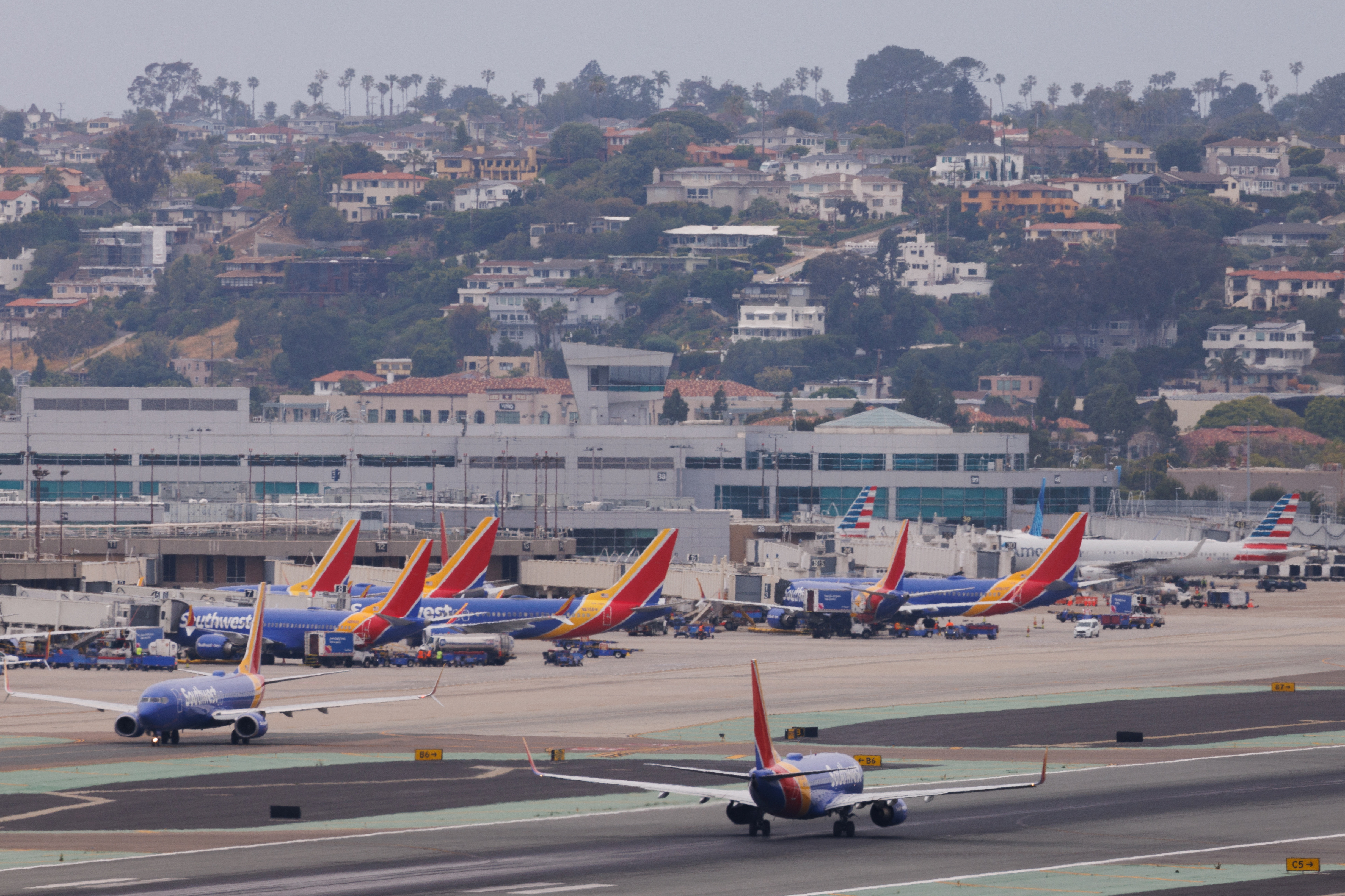 Southwest Airlines planes are show at San Diego International airport in San Diego