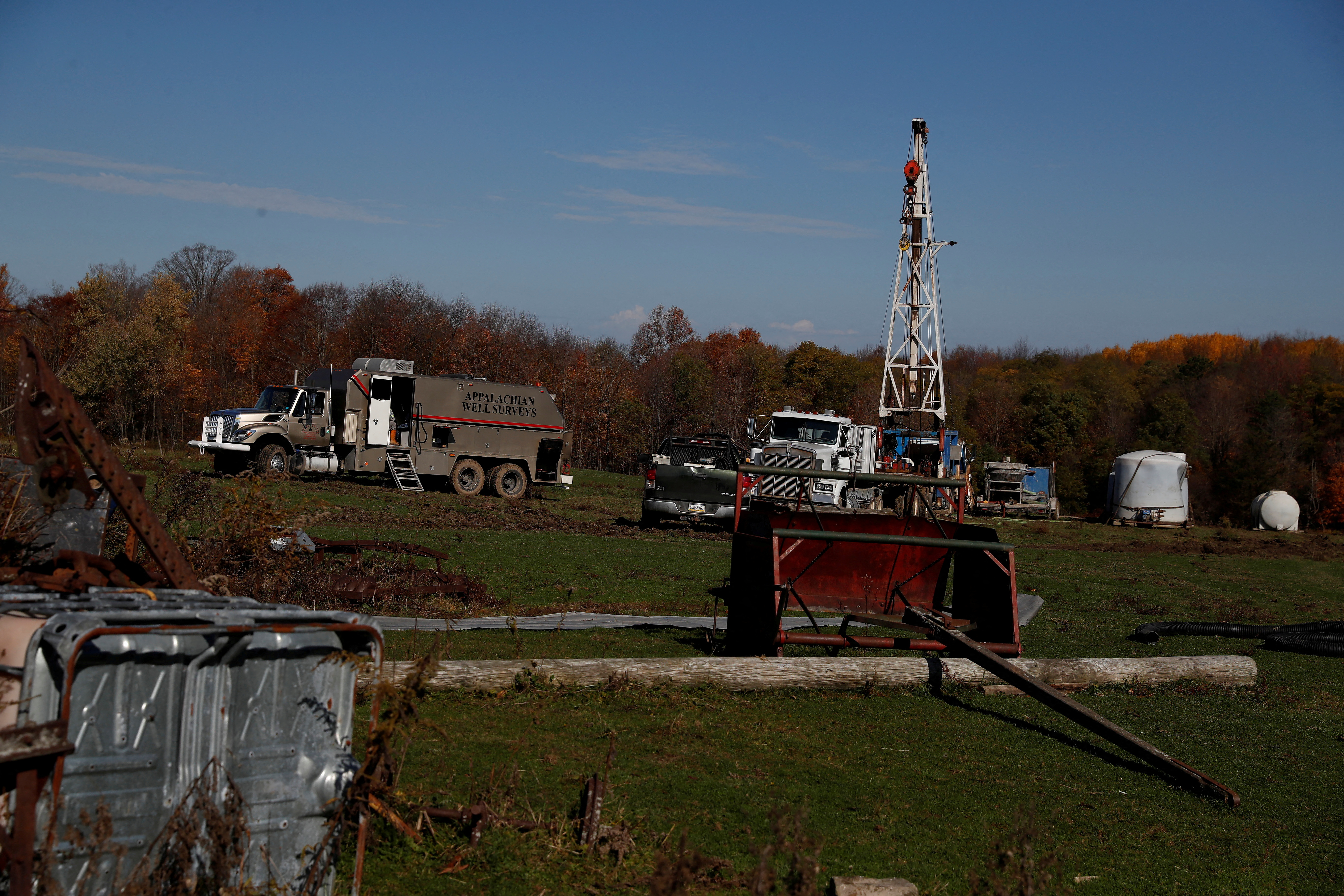 A view of a well site which sits atop the natural gas-rich Marcellus shale formation in Western Pennsylvania outside of Union City, Pennsylvania