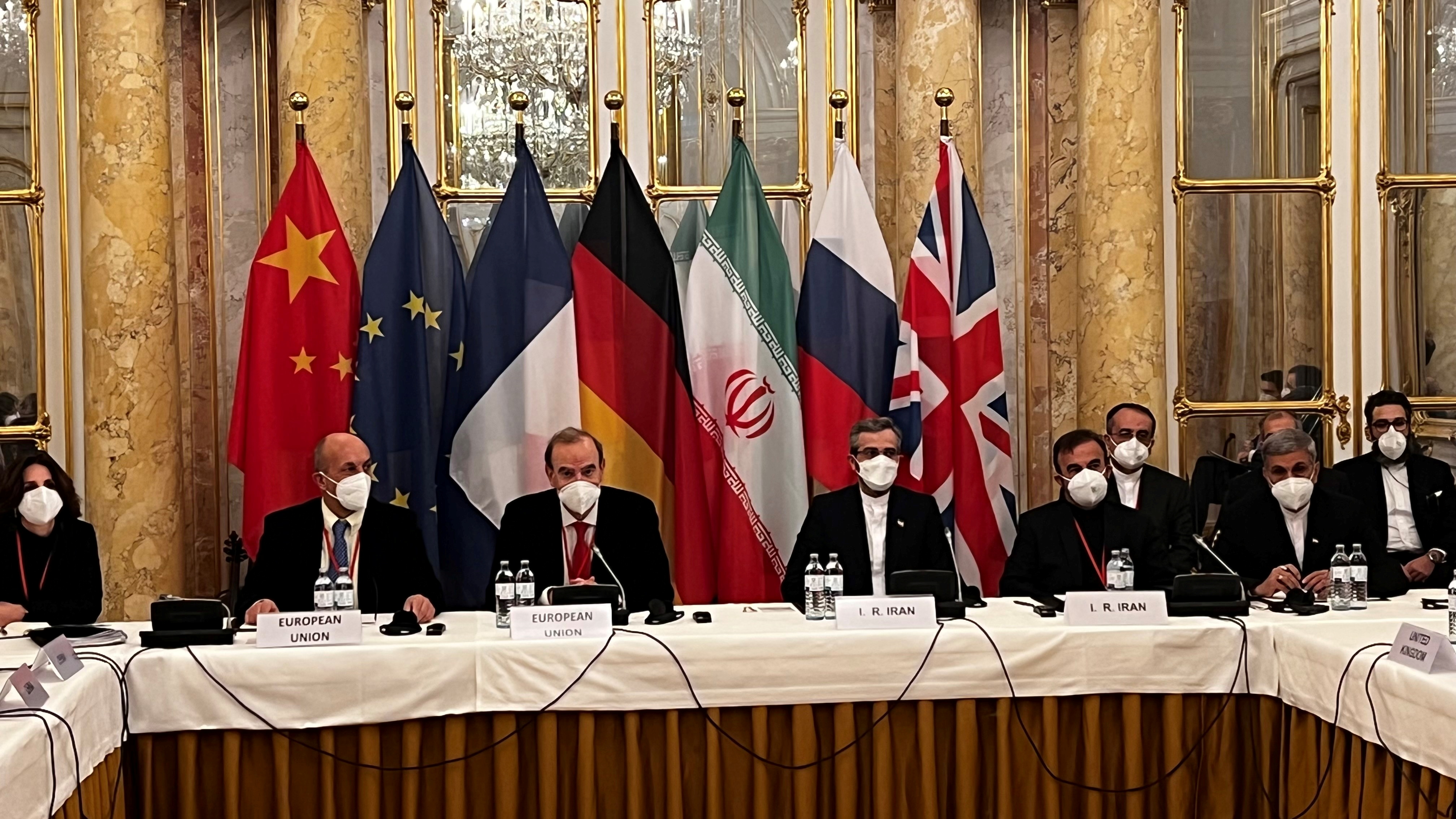 Deputy Secretary General of the European External Action Service (EEAS) Enrique Mora and Iran's chief nuclear negotiator Ali Bagheri Kani wait for the start of a meeting of the JCPOA Joint Commission in Vienna, Austria December 3, 2021. EU Delegation in Vienna/Handout via REUTERS 