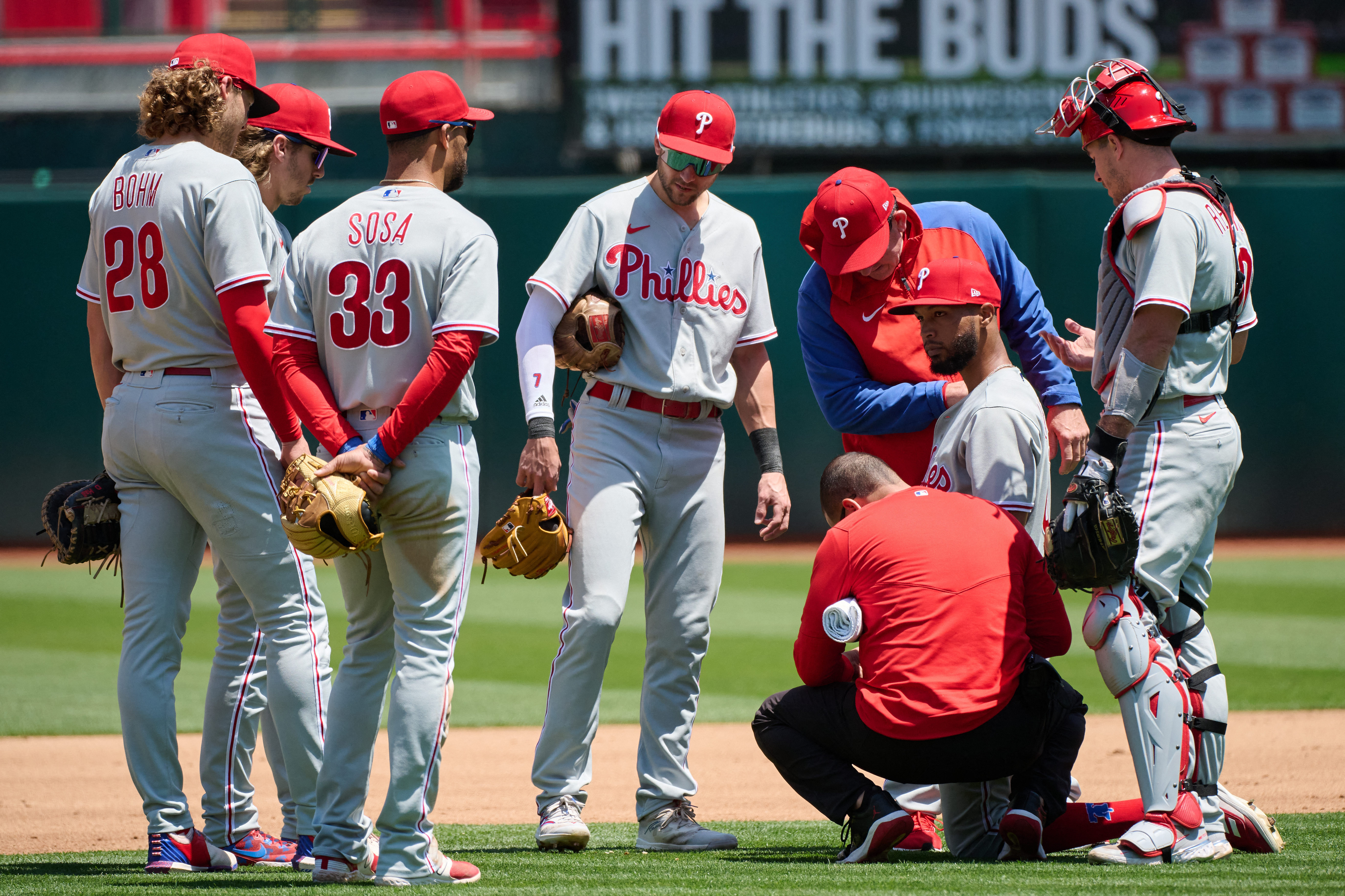 LOS ANGELES, CA - MAY 02: Philadelphia Phillies third baseman Alec Bohm  (28) looks on during batting practice before the MLB game between the  Philadelphia Phillies and the Los Angeles Dodgers on