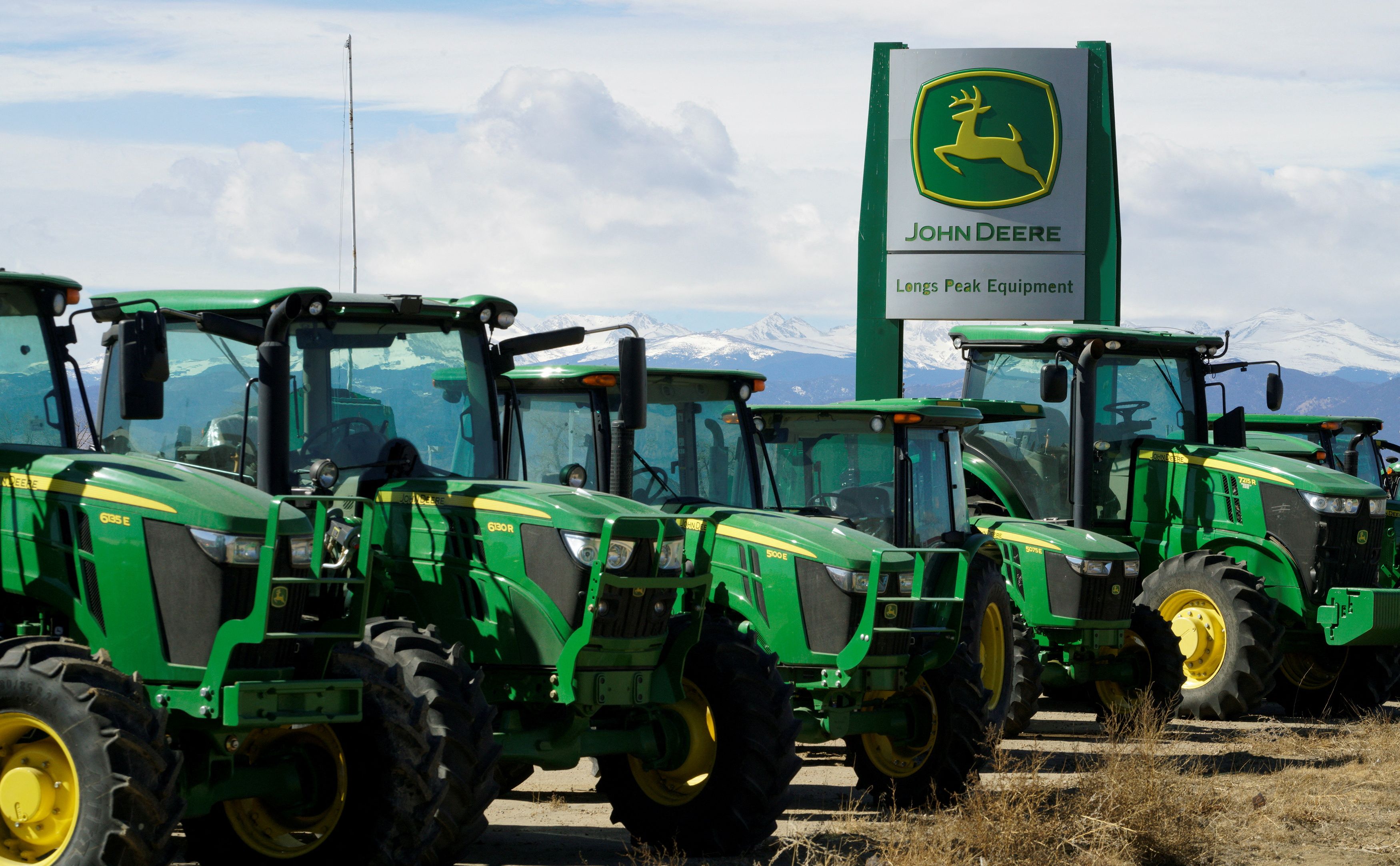 John Deere tractors are seen for sale at a dealer in Longmont