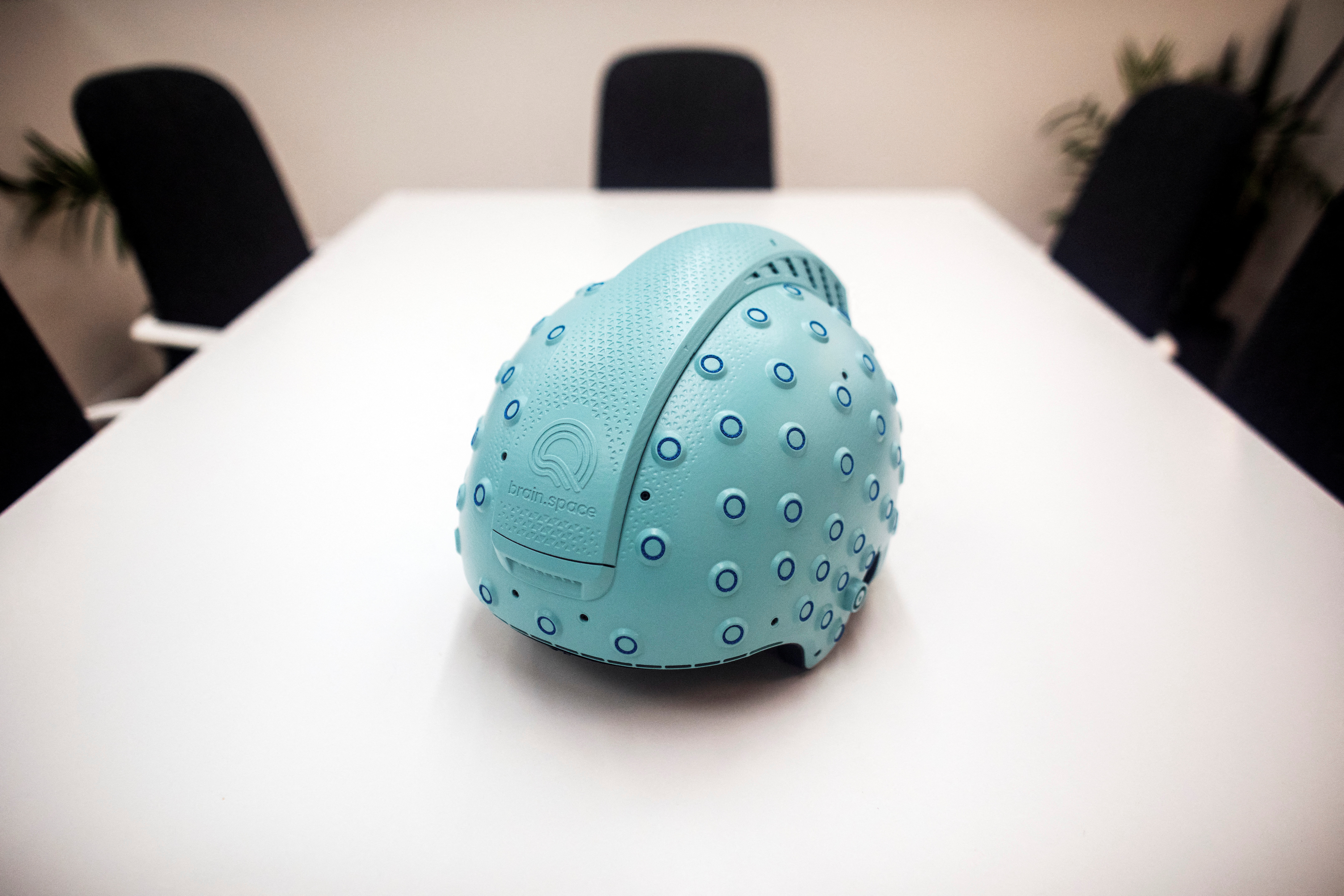 An EEG enabled helmet, due to be used in an experiment on the impact of a microgravity environment on brain activity is displayed at Israeli startup Brain.Space in Tel Aviv