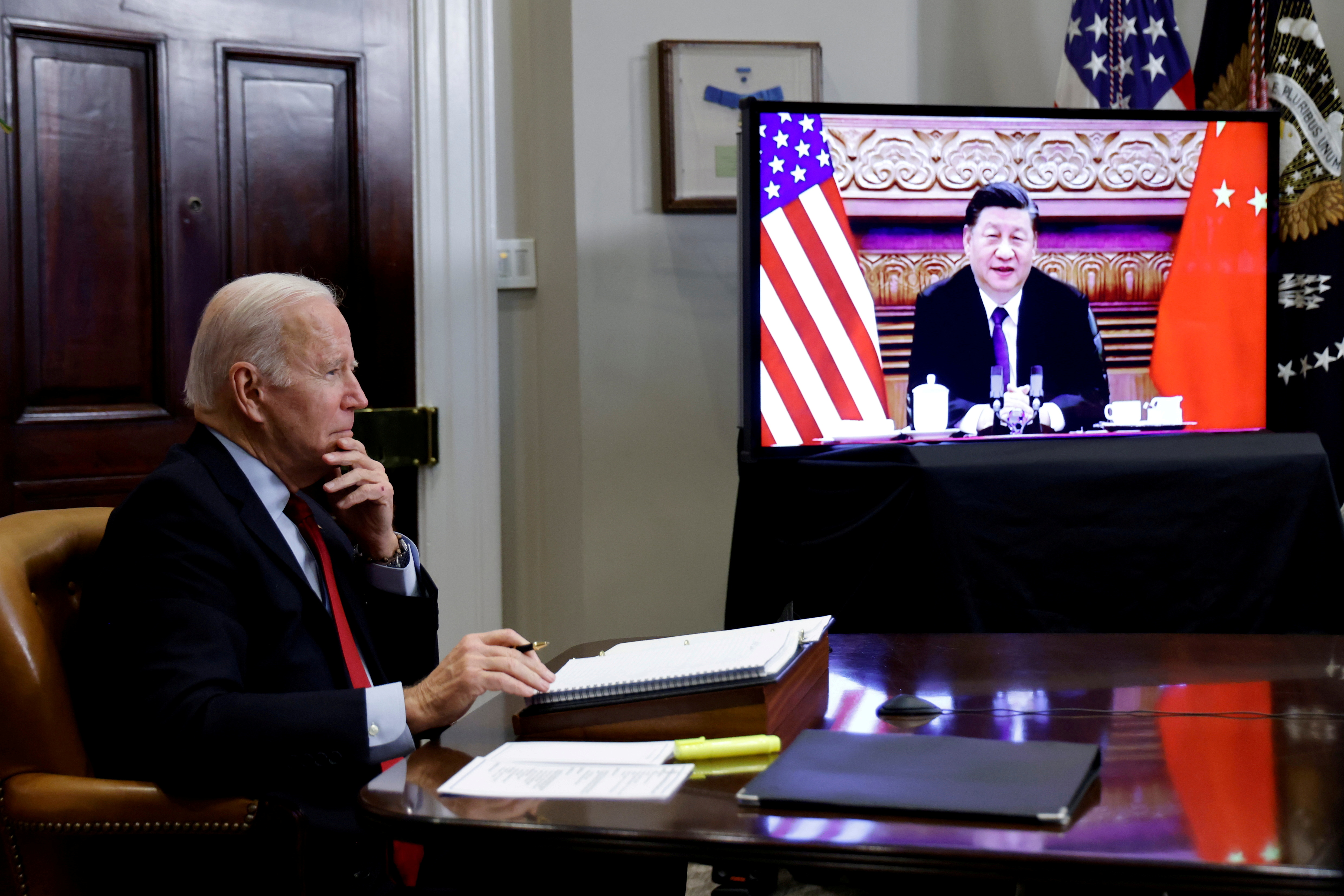 U.S. President Biden speaks virtually with Chinese leader Xi from the White House in Washington